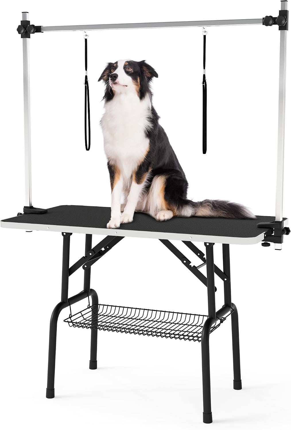 DWVO 46'' Dog Grooming Table, Foldable Pet Grooming Table with Adjustable Arm, Loop, and Mesh Tray, Non-Slip Portable Dog Bathing Station, Black