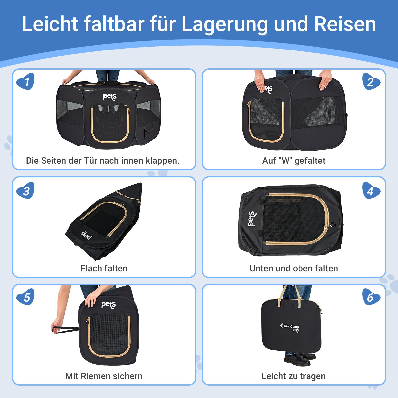 KingCamp Welpenlaufstall 74cm,Stabiler Hundelaufstall für Wohnung & Outdoor,Faltbar & Tragbar 600D Oxford Gewebe Welpenauslauf mit abnehmbarem Boden & 4 Heringen,Hundegehege für Welpen, Katzen