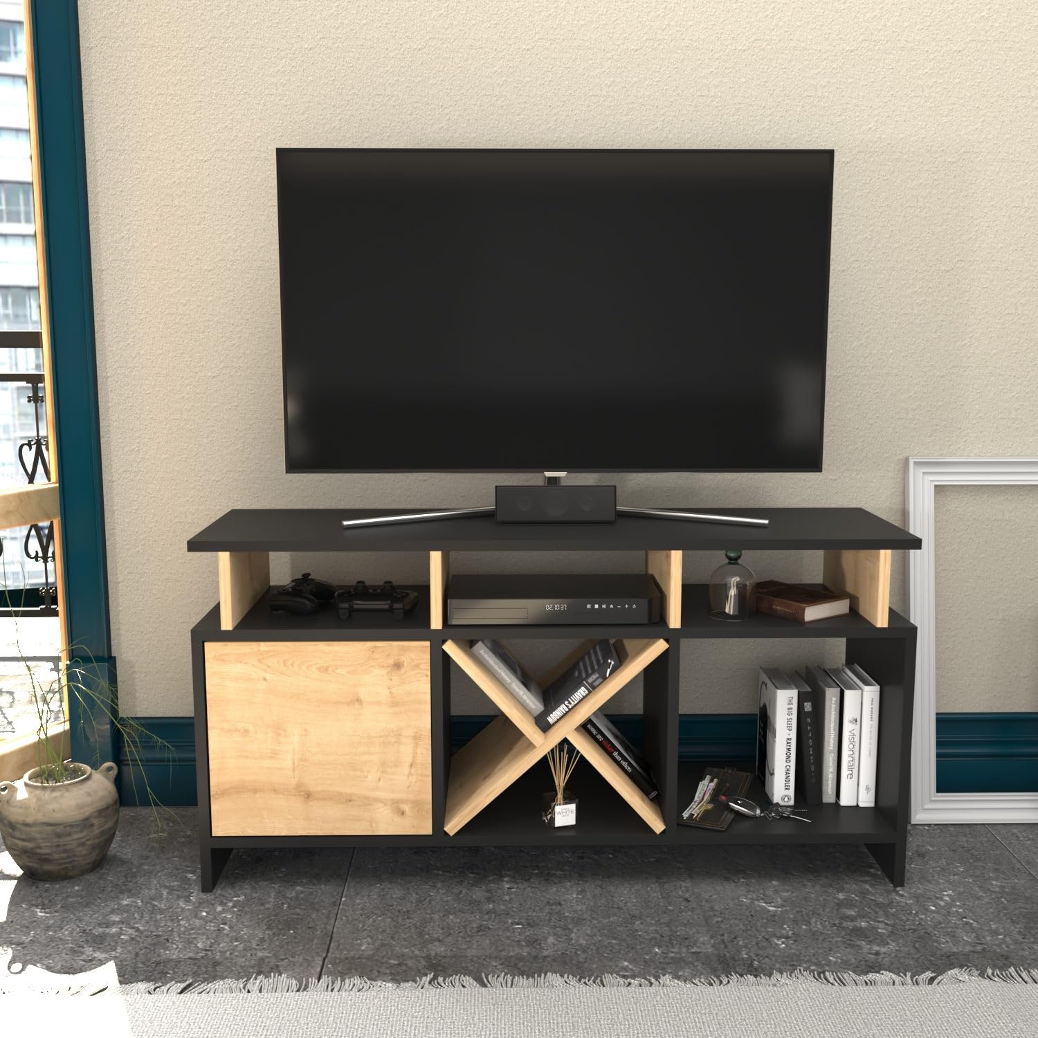 Meuble TV chêne anthracite Hanah Home support télévision en mélamine salon