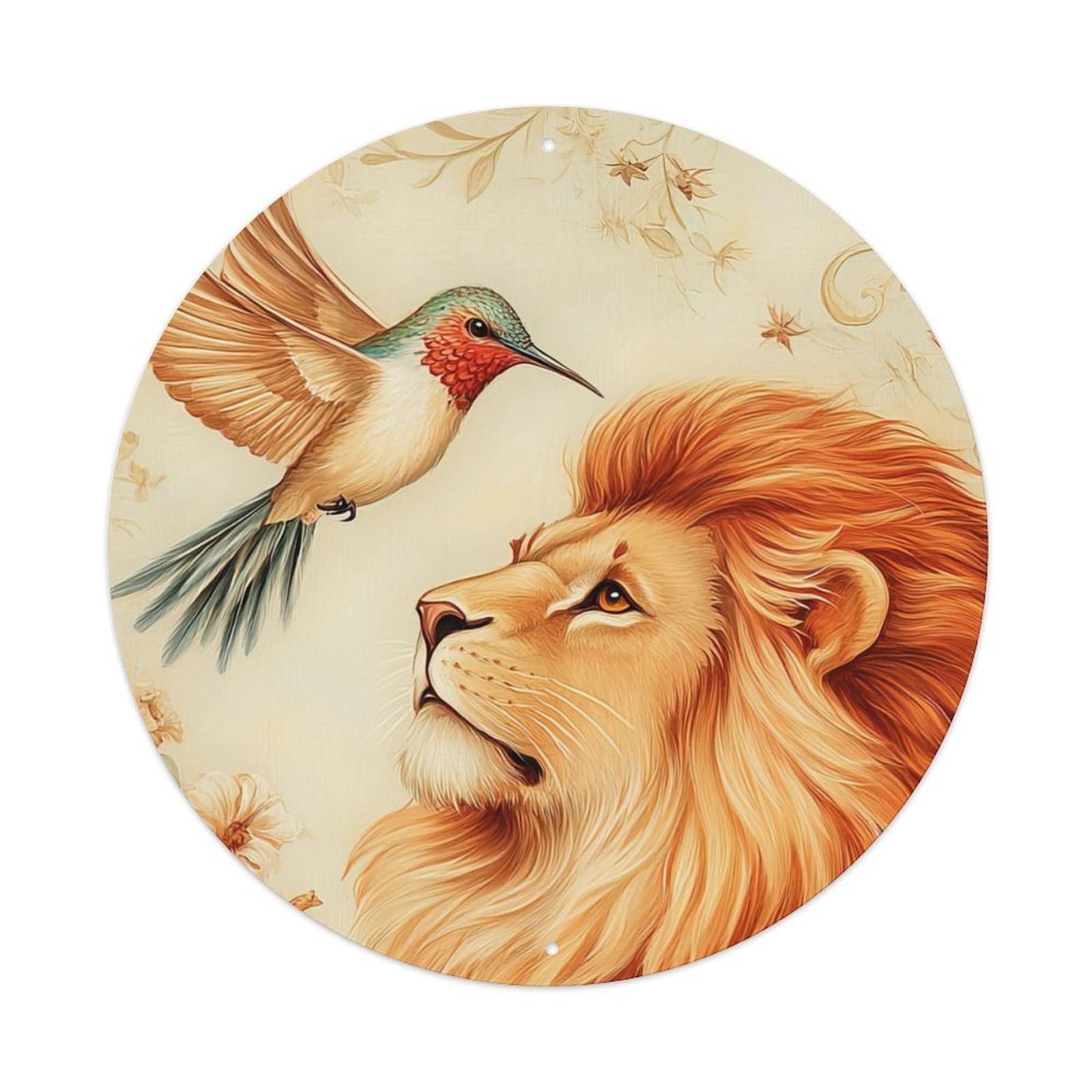 Animal Artwork Hummingbird And Lion Vintage Metal Tin Sign Plaque Wall Decor for Cafe, Club Bar, Office, Garden Metal Poster 8x8Inch