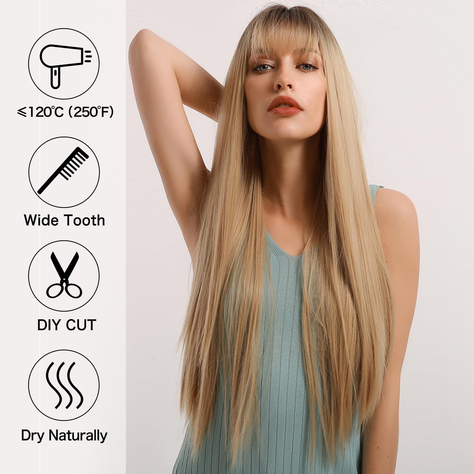 Perruque Longue Ombre Blonde Avec Frange - Cheveux Synthétiques Résistants à La Chaleur, Racines Sombres, Style Naturel Pour Quotidien, Cosplay Ou Soirée (71 Cm)