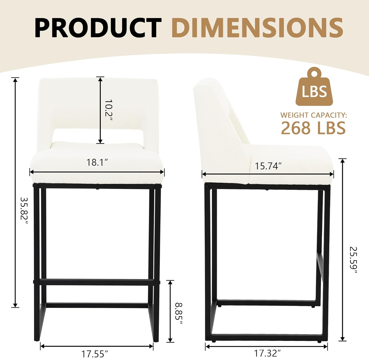 ClinQ Counter Height Bar Stools Set of 2, Hollow Back Kitchen Island Barstools, Upholstered Linen Fabric Counter Stools with Metal Frame, Stools for Kitchen Counter, Bar, Restaurants, Cafés, White