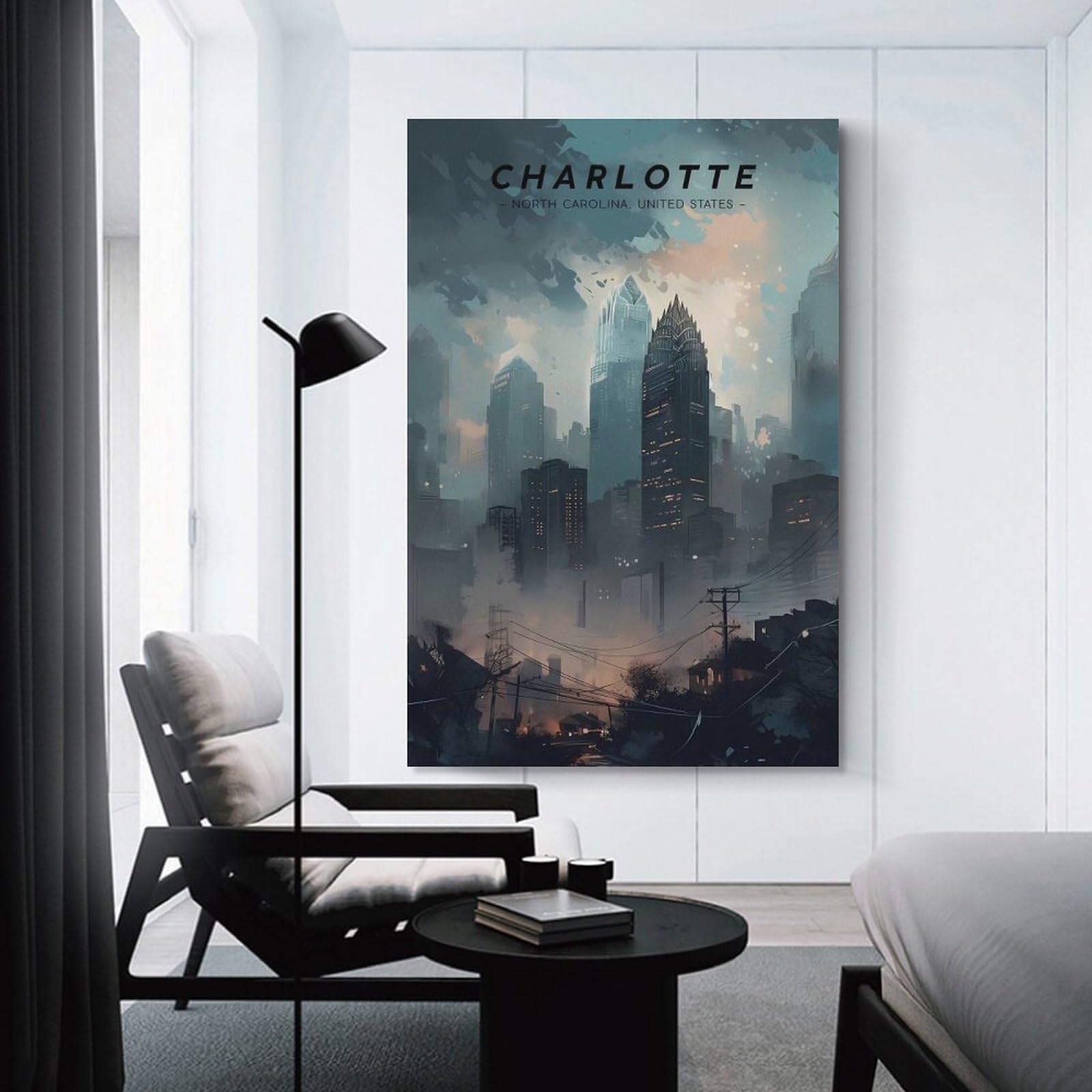 Junmoney Home Decor Wall Art Charlotte Skyline Horizon, 20x30inch(50x75cm), for Flats, Guest Rooms Or Compact Rooms, Wall Decor with Flexible Room Appeal
