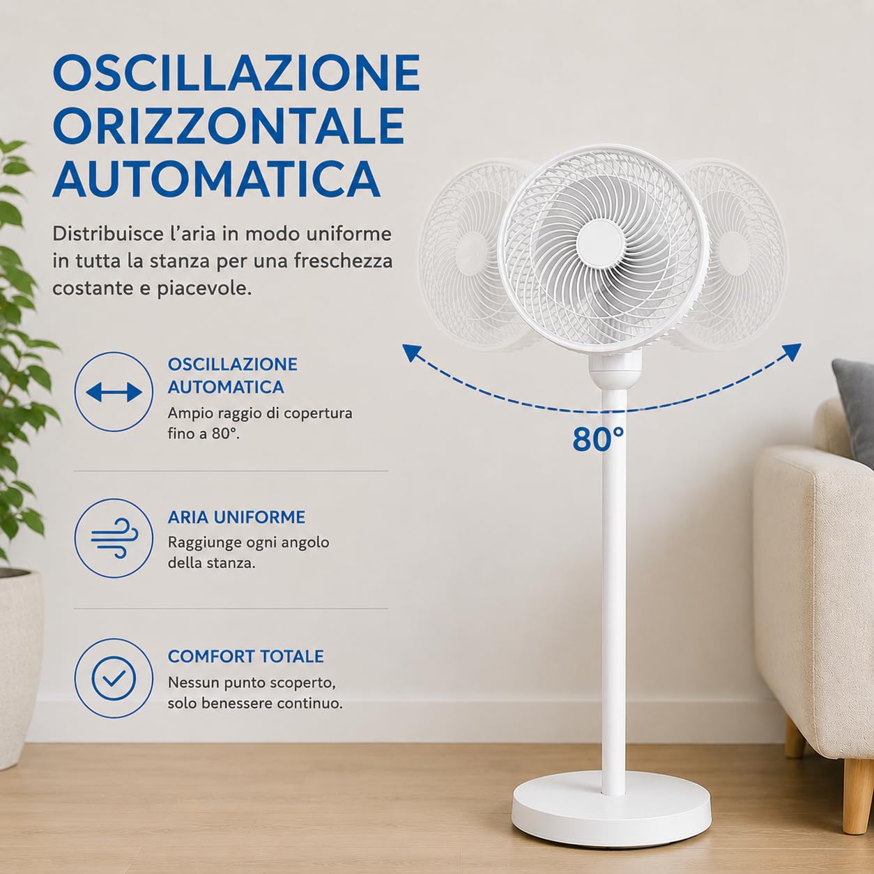 Ventilatore a Piantana - Oscillante - 50W - 3 Velocità Regolabile | Oscillazione automatica, altezza regolabile 65-81 cm, pale 26 cm, inclinazione 90°, base stabile, uso casa e ufficio