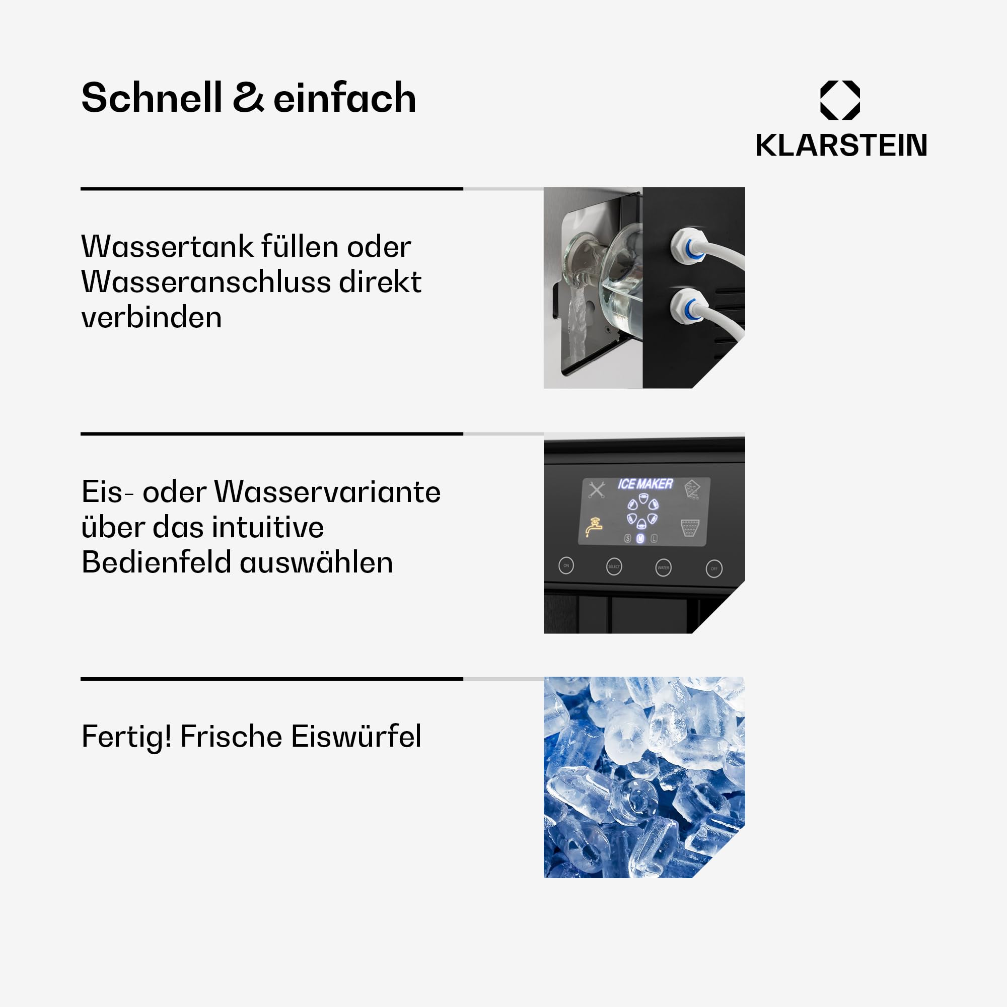 Klarstein Eiswürfelmaschine Klein, 3L Eiswürfelbereiter, Eiswürfelmaschine mit 3 Eiswürfel Größen, Schnelle Leichte Reinigung, Eiswürfelbereiter für 12kg Eis in 24h