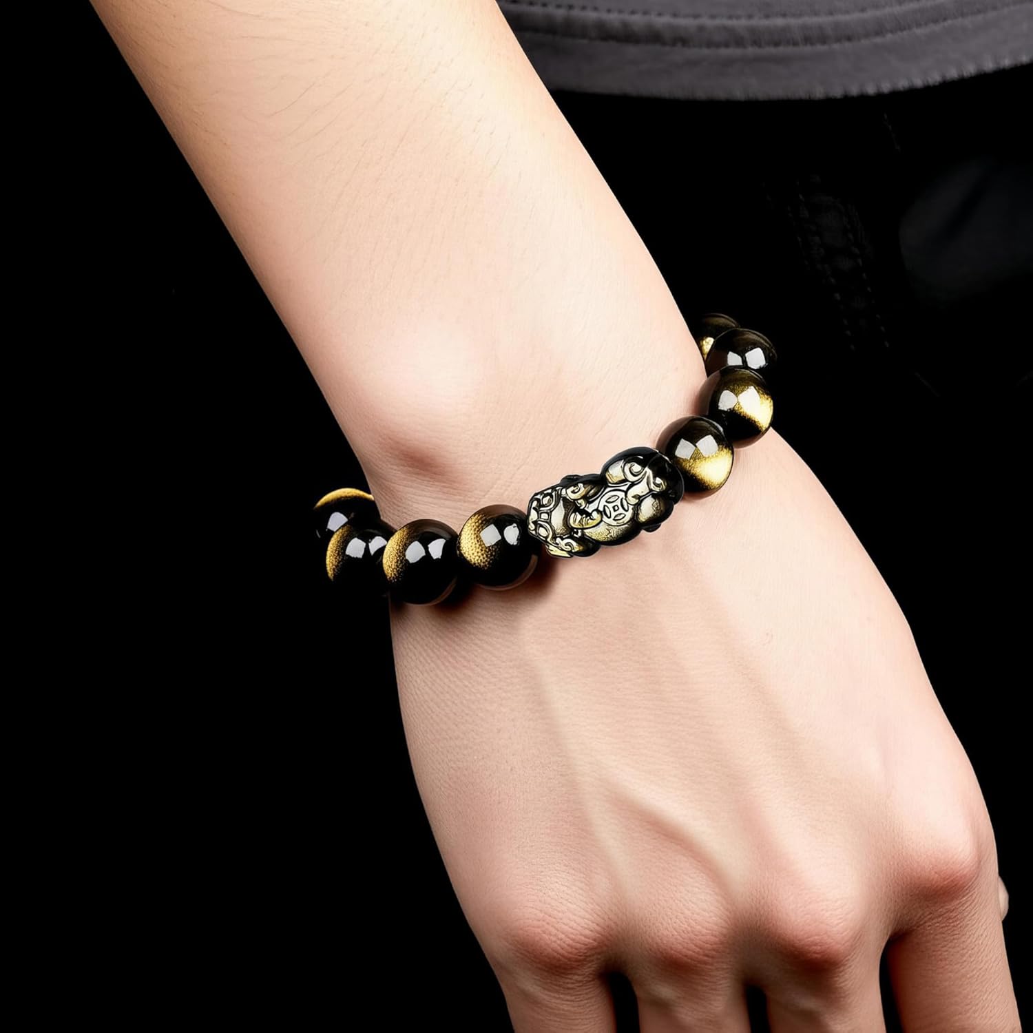 Natural Golden Obsidian Pi Xiu Bracelet for Men, Feng Shui Wealth Amulet, Beaded Stretch Good Luck Jewelry (14mm) - Image 3