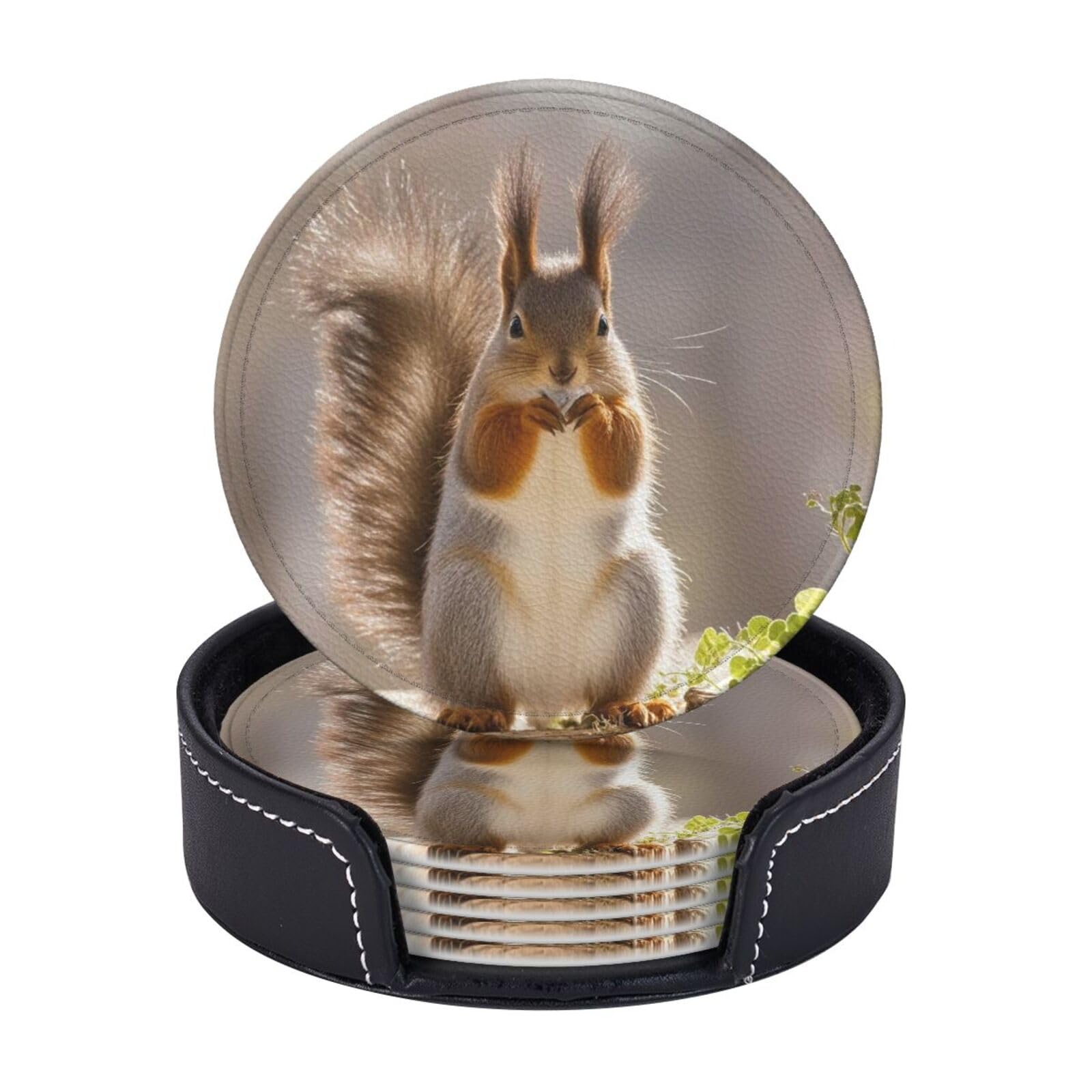 Drink Coasters Set of 6 Coffee Leather Coaster with Holder Squirrel Picture Generation Coasters for Drinks Coffee Cup Mat Heat Resistant Tabletop Protection Coaster Desk Accessorie Home Decorative