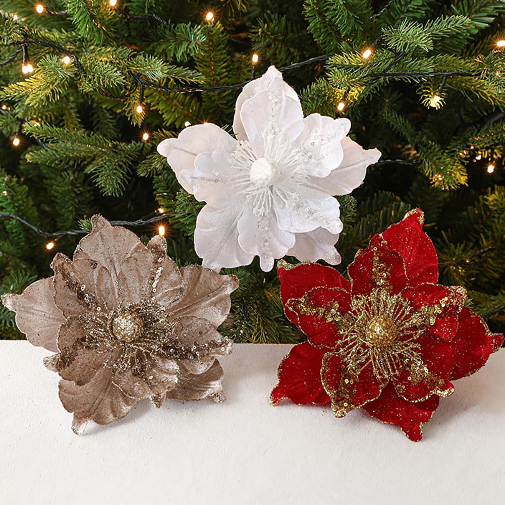 vctops Lot de 6 fleurs de poinsettia artificielles en velours pailleté pour Noël, Nouvel An, mariage, vacances, loisirs créatifs, blanc
