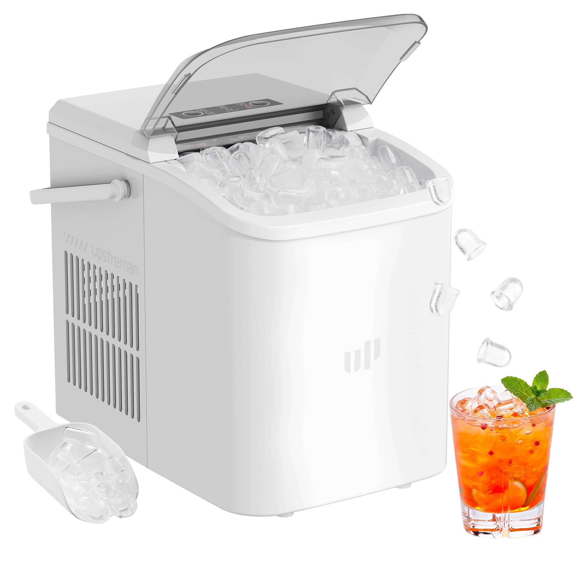 Upstreman Kleine Eiswürfelmaschine mit Selbstreinigung, 12kg / Tag, 9 Würfel in 6-8 Min, 2 Eisgrößen Wählbar, Leise & Tragbar, Ice Cube Maker für Zuhause, Küche, Büro, Bar und Party, BI12-Weiß
