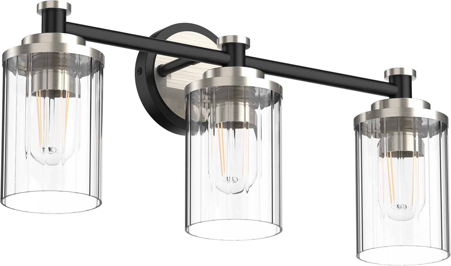 Bathroom Lighting Fixtures Black and Brushed Nickel Bathroom Vanity Light with Cylindrical Clear Stripes Glass Lampshade E26 Socket Base Bathroom Lighting Fixtures Over Mirror (3 Lights)