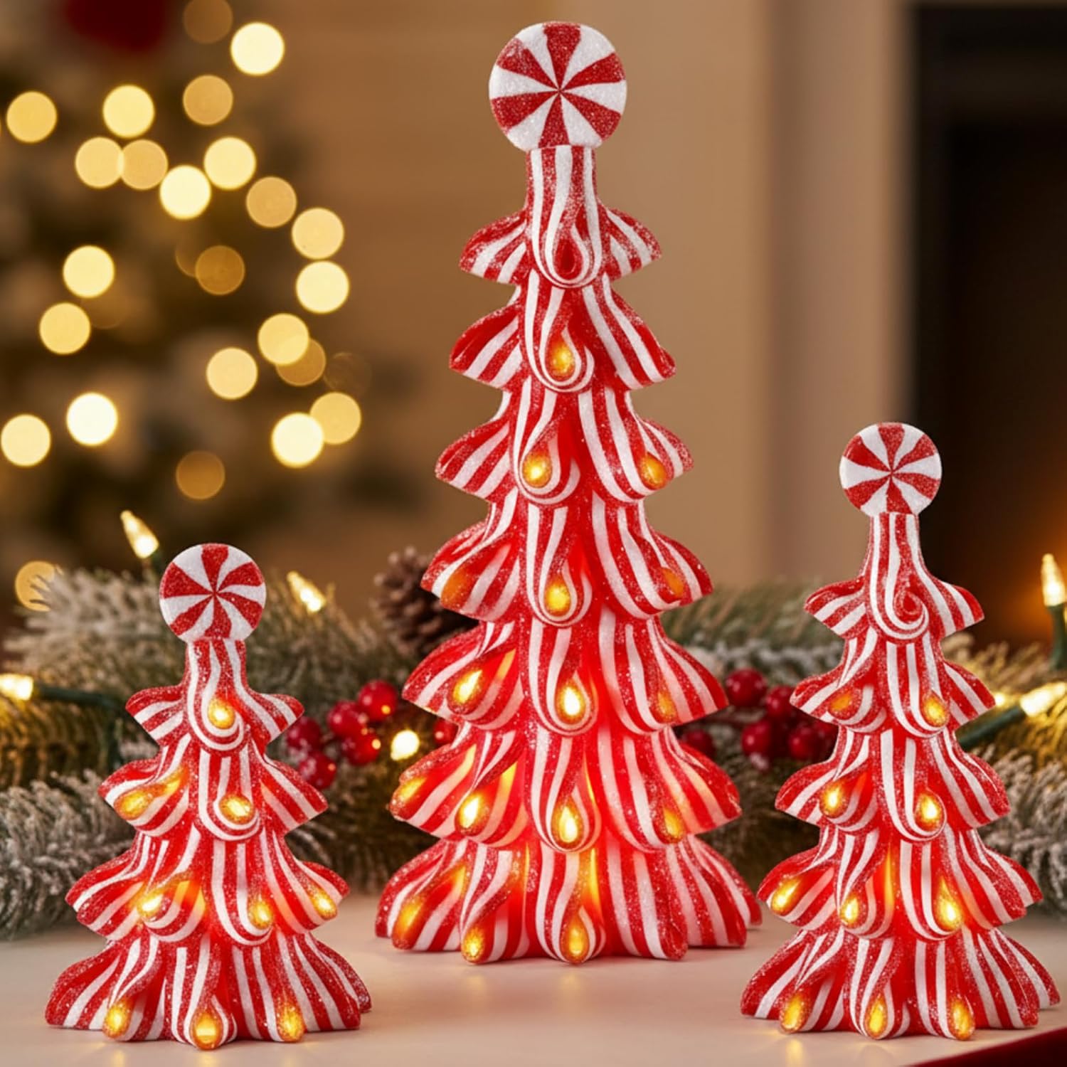 3 Pcs Christmas Ribbon Candy Trees Tabletop Decor Peppermint Candy Cane Tree Lighted Xmas Resin Clay Tree 9.5'' 7.1'' 4.7'' for Christmas Home Table Mantle Centerpieces(Red and White)