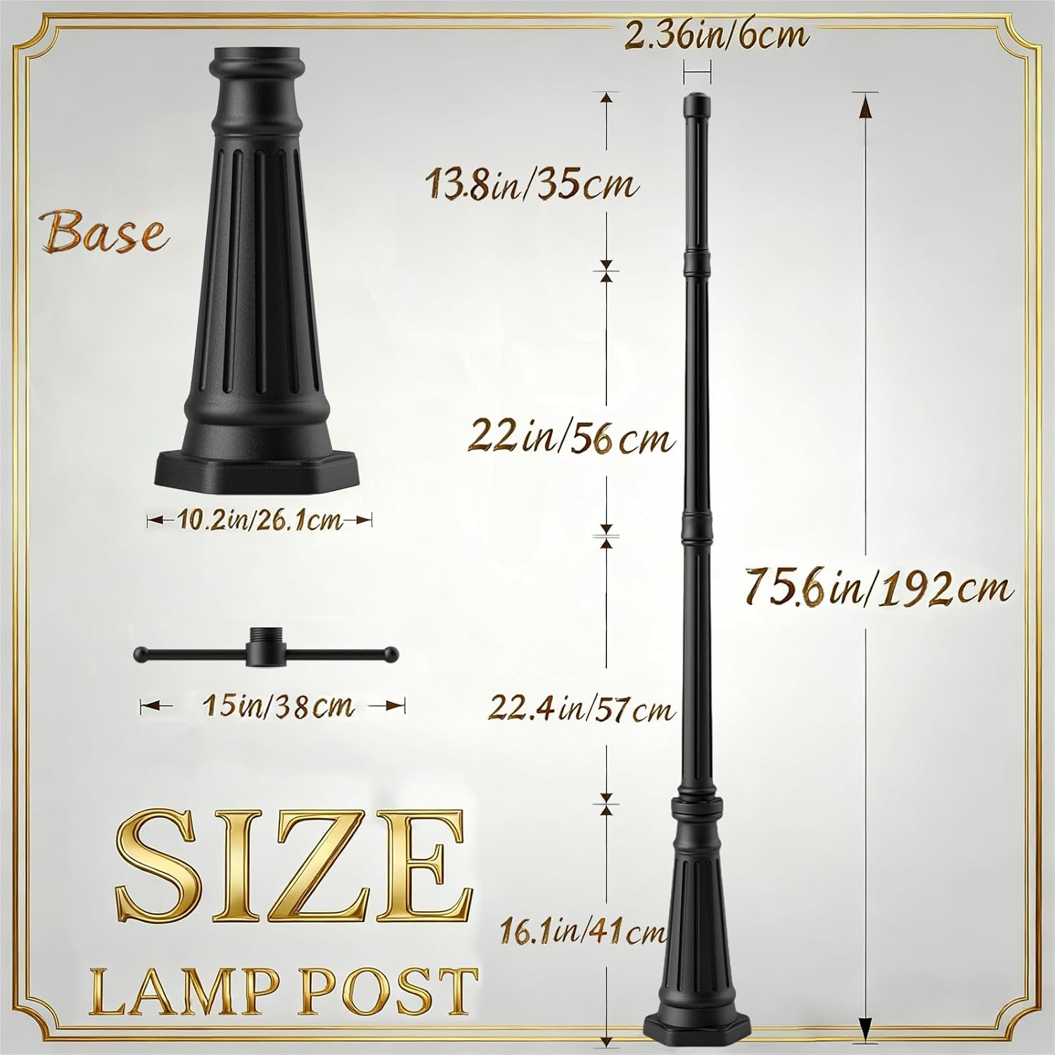 Universal Outdoor Post Light Pole with Hanging Arm, Black Cast Aluminum Pole with 2.36" Fitter Mount, 76in Tall Traditional Street Light Lamp Post for Pathway Driveway Parking Yard Lighting