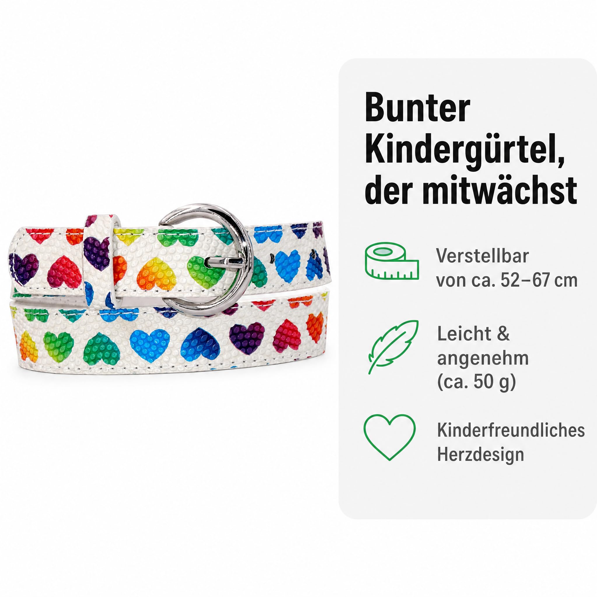 Gürtel für Kinder, Kindergürtel Mädchen & Jungen, verstellbar 52–67 cm, Dornschließe aus Metall, vegan aus Kunstleder, weiß mit bunten Herzen, 2,5 cm breit