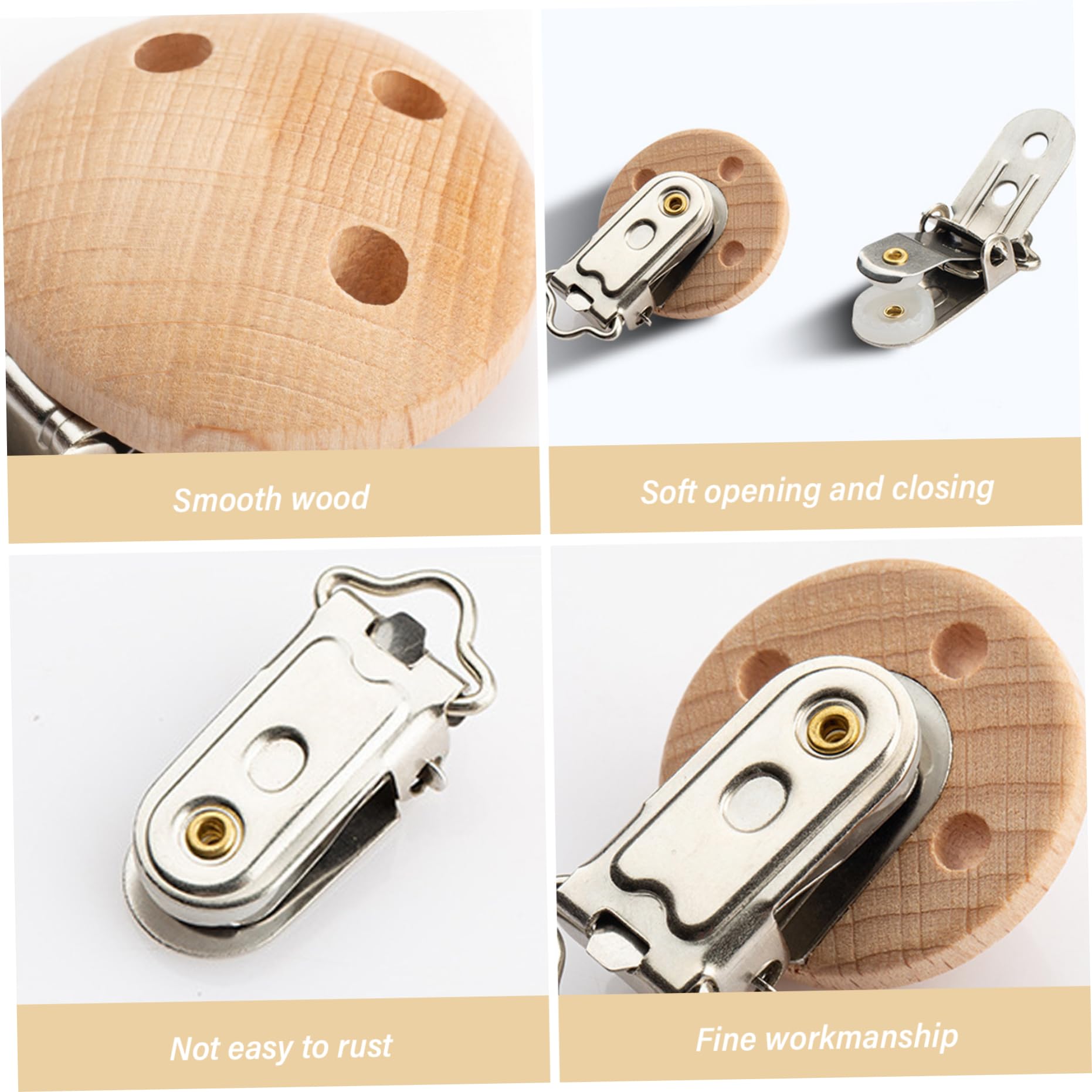 Clip per ciuccio in legno da 5 pezzi da 1, 2 pollici di diametro per ragazzi e ragazze, porta ciuccio portatile facile da usare e pulire con fori per giocattolo massaggiagengive, clip per bambini