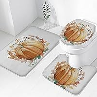 Vista 26 de Tapete de baño de 3 piezas de otoño con diseño de calabaza, color azul y verde, hojas de arce, cosecha, decoración de Acción de Gracias, juego
