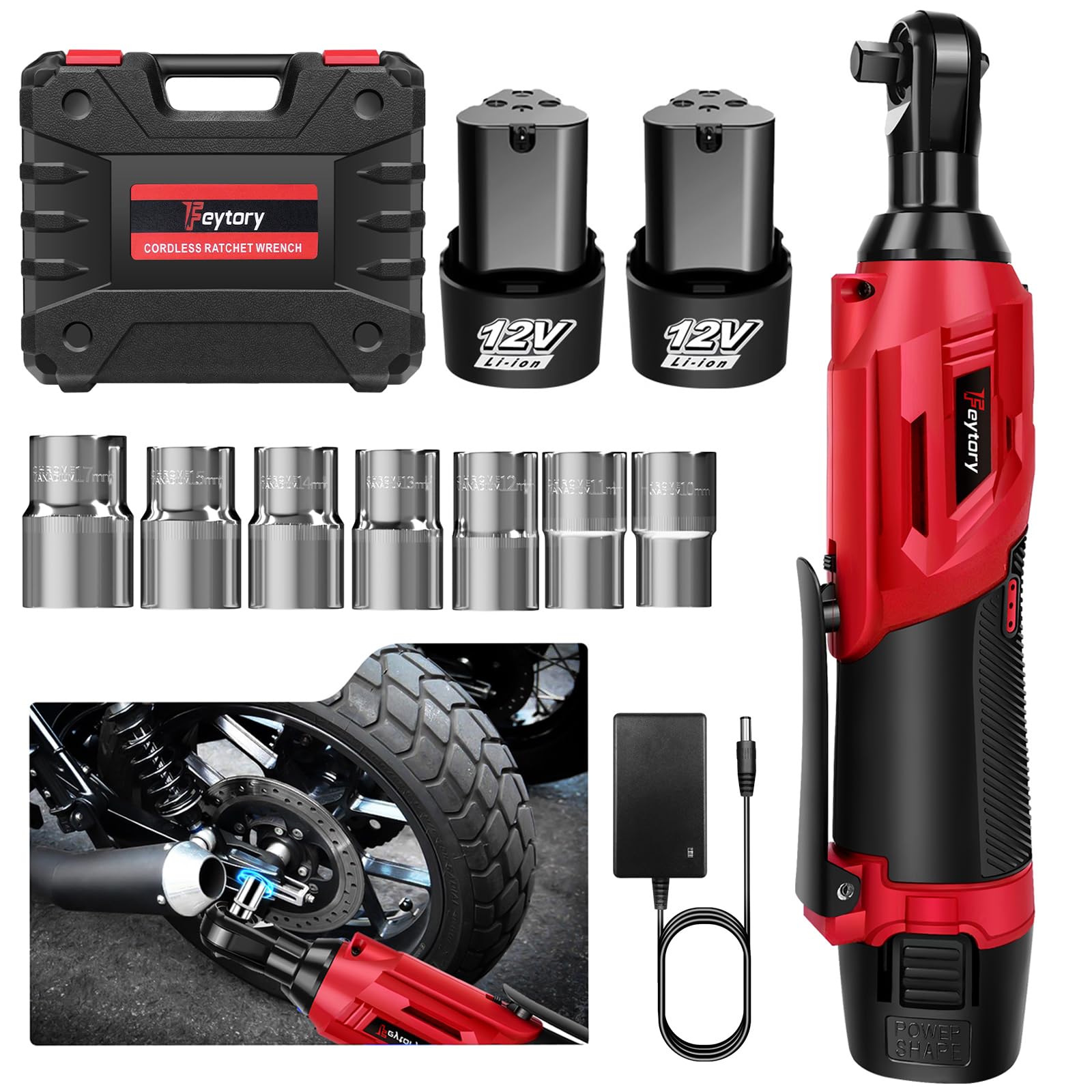 FADAKWALT Chiave A Cricchetto Elettrica Senza Fili 12V – Set Da 3/8 Di Pollice, 2 Batterie 2.0Ah, Coppia 45-50 Nm, Luce LED