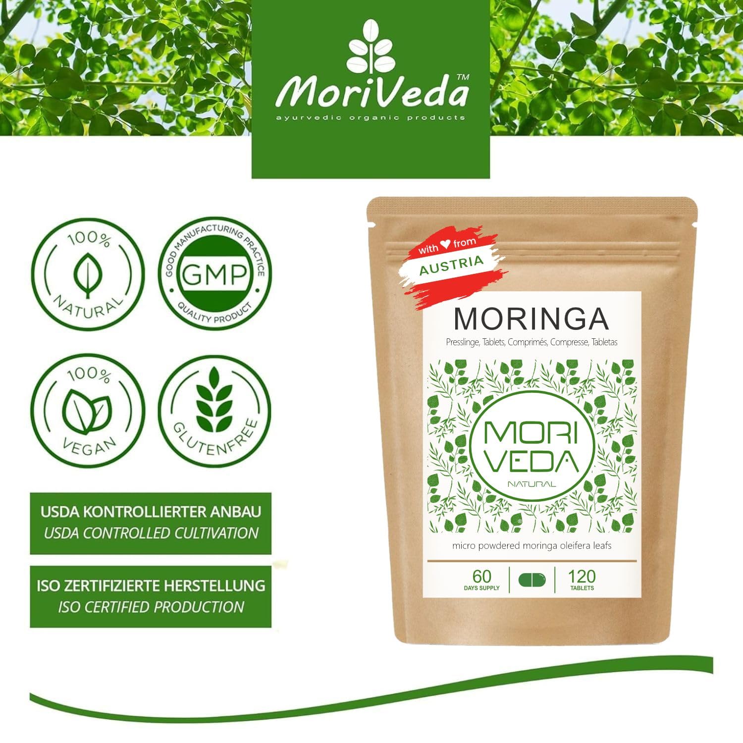 MoriVeda Comprimés Moringa Energy 3800 mg, 360 pastilles pressées avec vitamines, protéines & acides aminés, réserve de 180 jours en qualité ayurvédique haut de gamme, végan & sans gluten