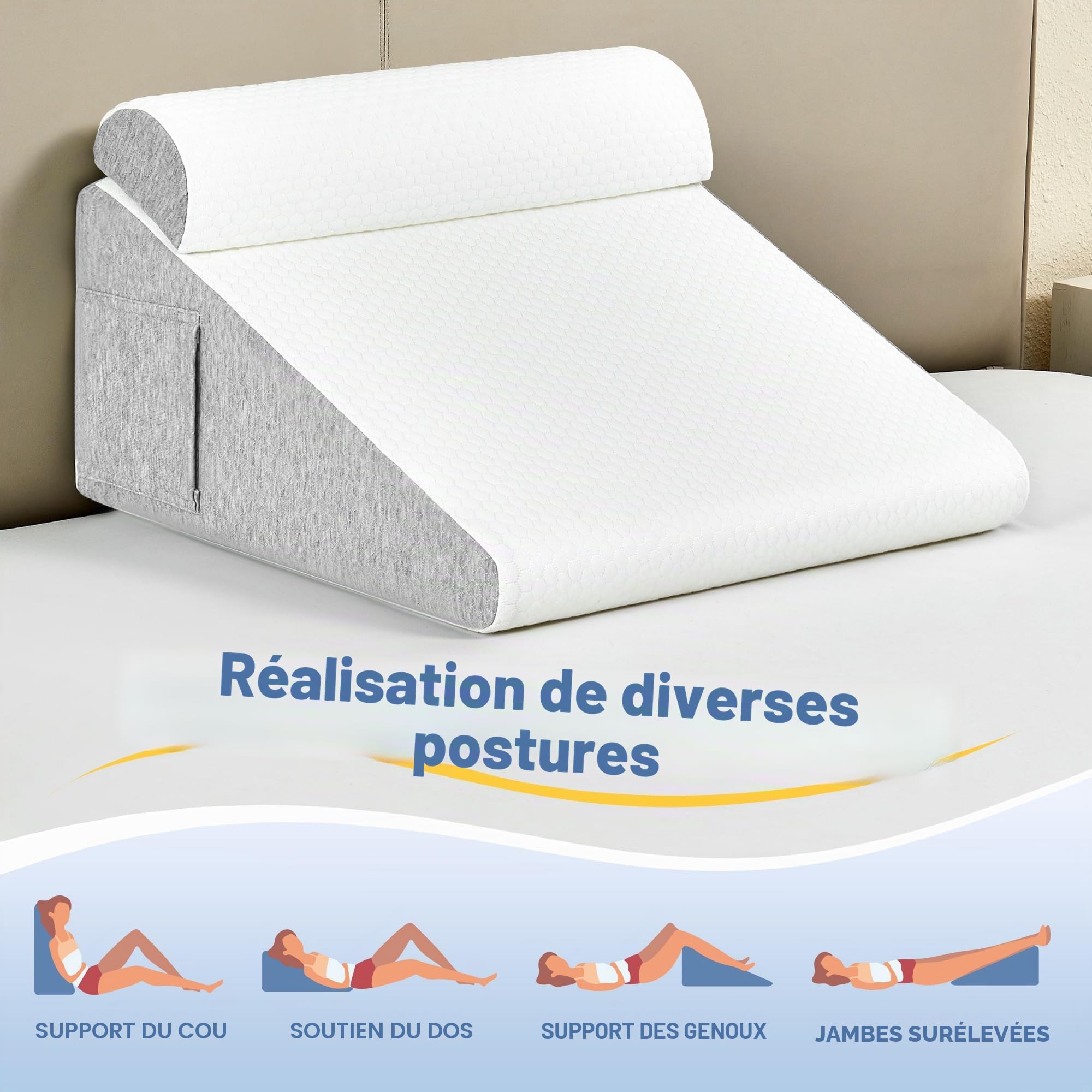 Coussin en Mousse à mémoire de Forme pour lit et canapé, Coussin de Lecture, Coussin arrière avec tête Semi-Circulaire, Gris Clair