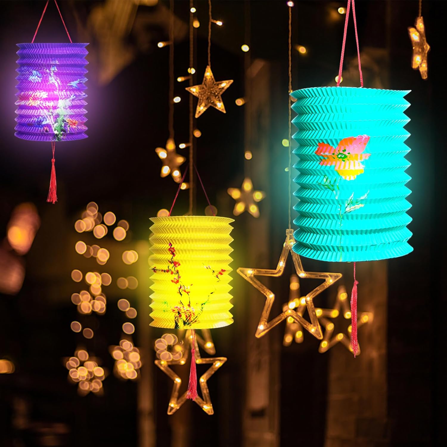 25 Pcs Chinese Paper Lantern with LED Lights Flower Bird Lantern Colorful Hanging Lanterns DIY Accordion Lanterns Lamp for Lunar New Year Middle Autumn Spring Festival Home Courtyard Decoration