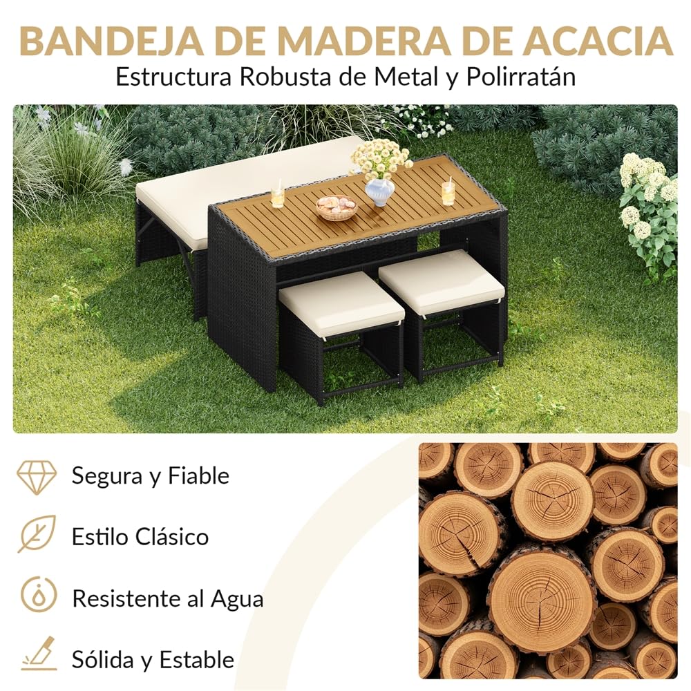 Yaheetech Conjunto de Muebles de Jardín de Ratán Muebles de Ratán de 2 en 1 | 1 Banco y 1 Mesa y 2 Taburetes, Negro/Beige