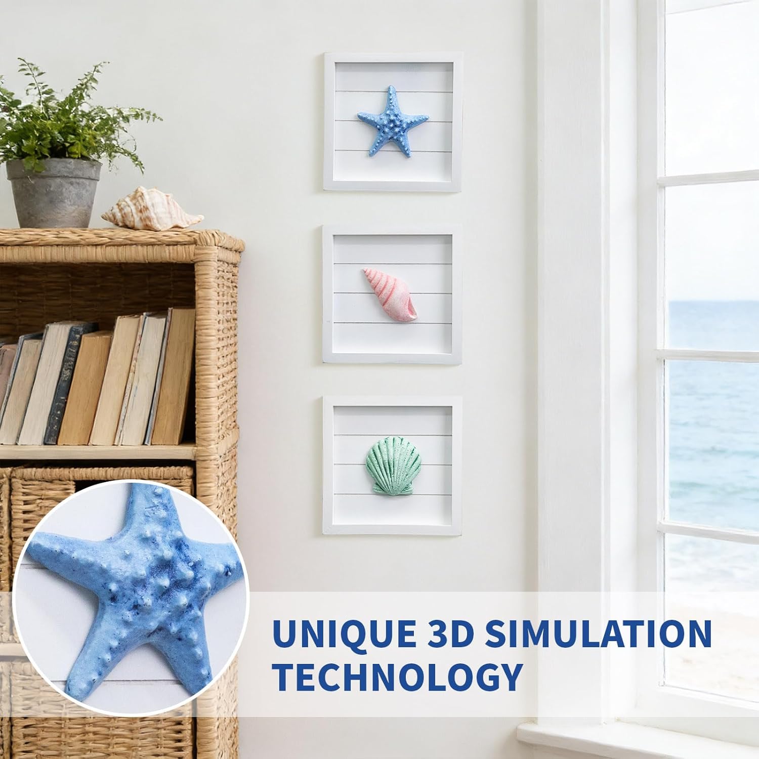 JUMBO DECOR 3D Ocean Beach Themed Wall Decor, Set of 3 (8" x 8") - Seashell and Starfish Decorations for Home or Beach House, Rustic Ocean Theme Coastal Bedroom or Bathroom Living Room Wall Art
