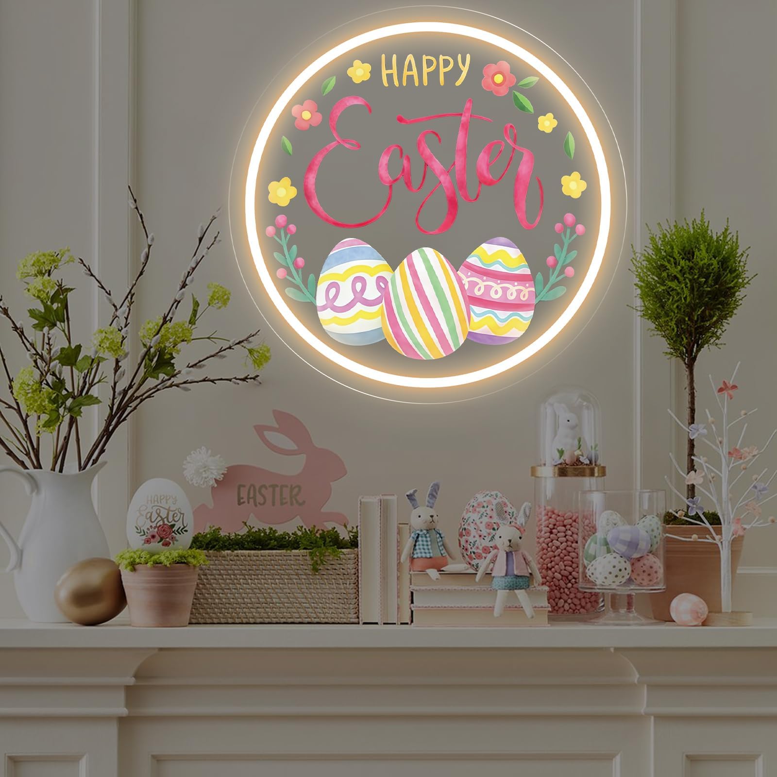 Neonowy znak Happy Easter, ciepłe białe jajko i kwiatowy nadruk UV lampa ścienna LED na Wielkanoc, do salonu, na imprezę, do pokoju dziecięcego, dekoracja świąteczna
