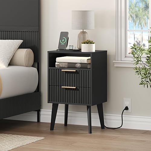 Mesa auxiliar, mesita de noche acanalada con estación de carga y luces LED, mesa auxiliar moderna con 2 cajones y 1 compartimento abierto, para sala