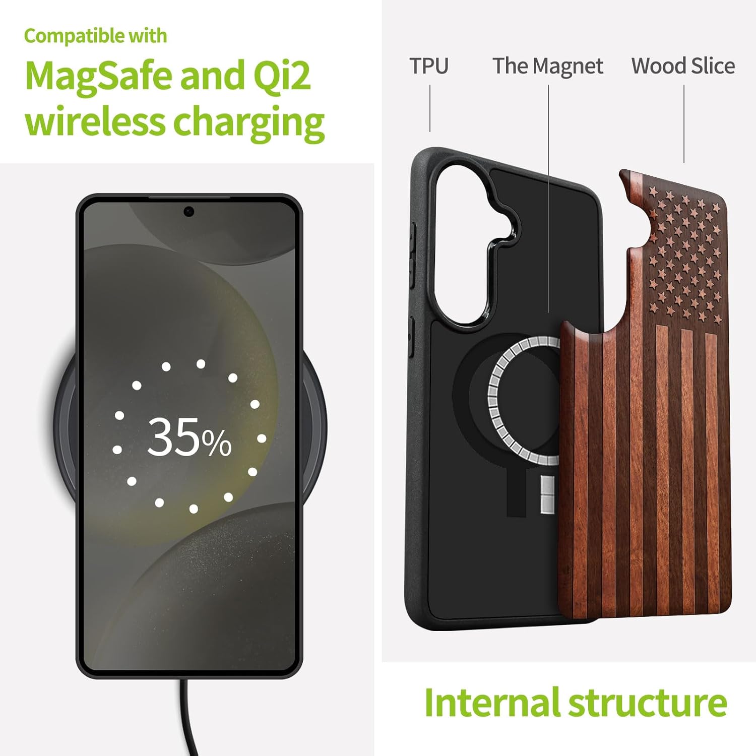 Carveit Magnetic Wooden Case for Samsung Galaxy S26 Case 2026, TPU Shockproof Cover & Wood Artisan Engraved, Compatible with MagSafe Wireless Chargers (The Classic American Flag) Rosy