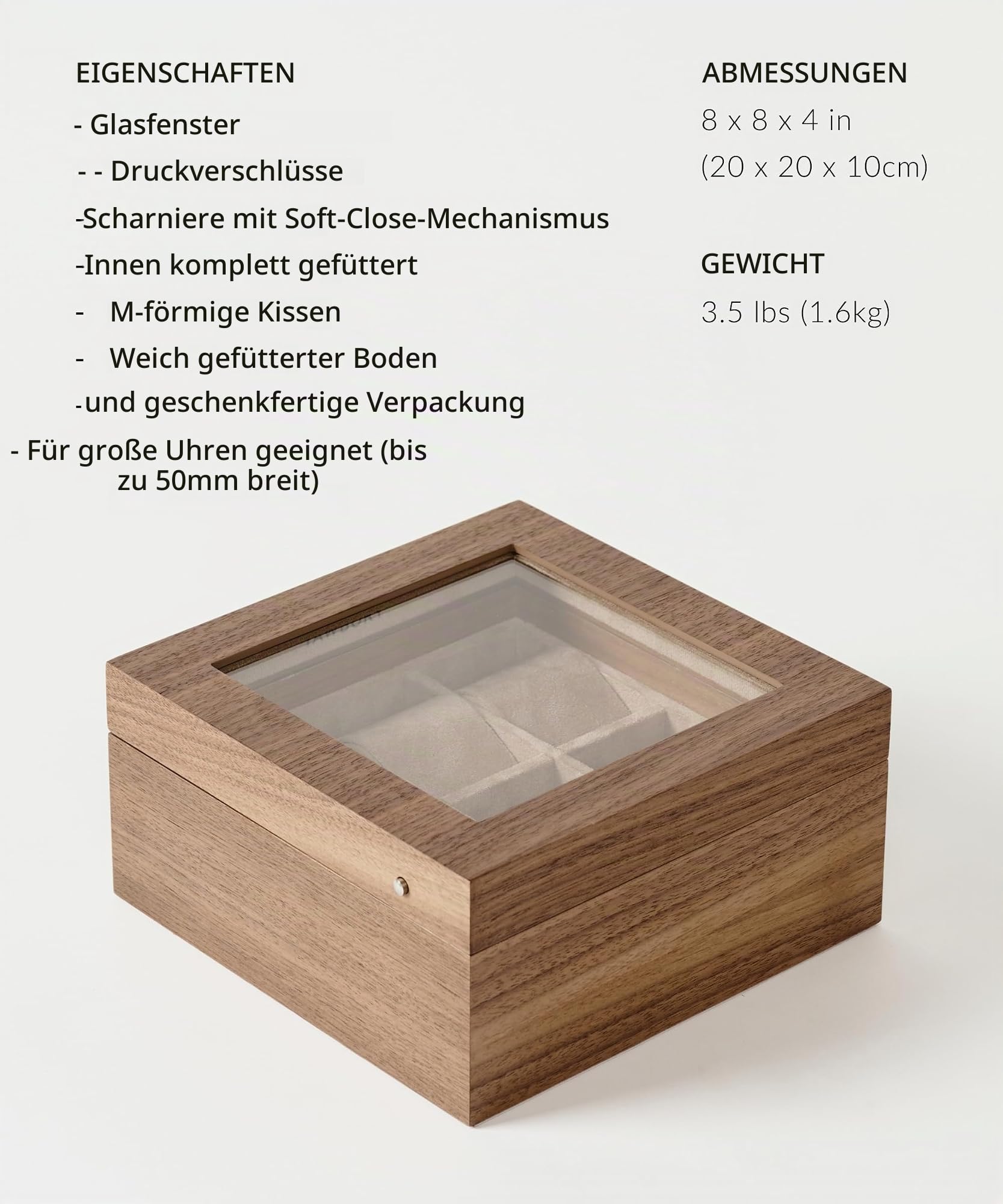 TAWBURY Uhrenetui aus Holz – Uhrenbox aus Holz mit 6 Schlitzen für Damen und Herren mit Glasdisplay, schützende, vollständig gefütterte Innenseite und 5,1 cm breite Kissen für große Uhren (helles