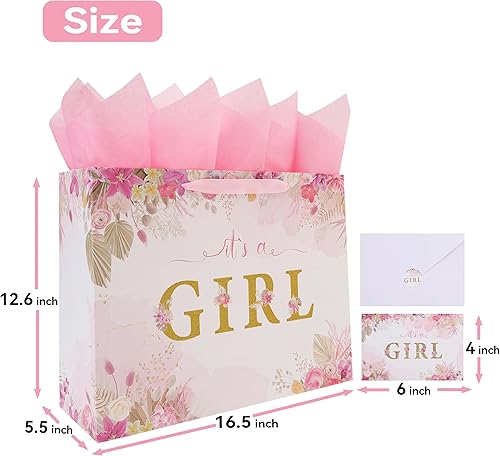 Miniatura 2 de Juego de bolsas de regalo extra grandes de 16.5 pulgadas con asas, tarjeta de felicitación, papel de seda rosa y calcomanías para niñas y niños para