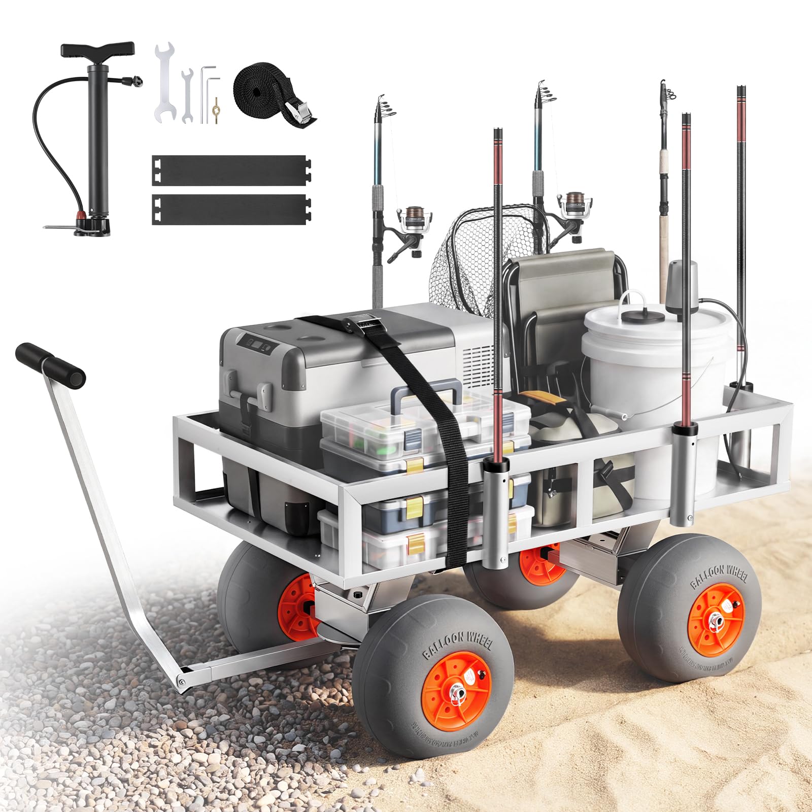 VEVOR Beach Fishing Cart, 350 lbs Load Capacity, Foldable Fishing Cart with Heavy-Duty Aluminum Alloy Frame, 13-Inch All-Terrain PU Balloon Tires, 6 Rod Holders, for Outdoor Activities Camping Picnic