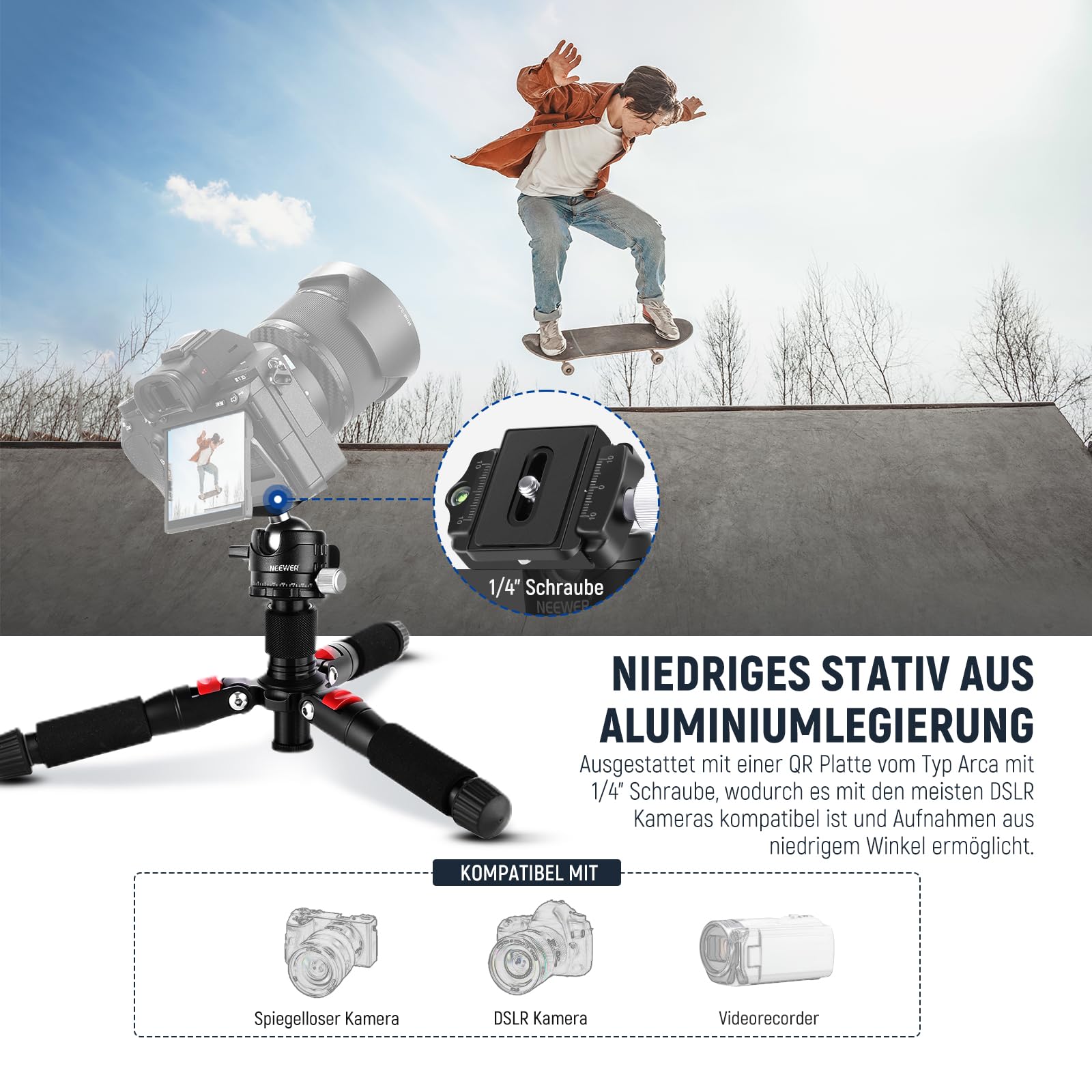 NEEWER Mini Tischstativ, 20'' Aluminiumlegierung Stativ, tragbarer Reiseständer, 360°Kugelkopf, 1/4" Schnellwechselplatte für DSLR Kamera Camcorder Videoaufnahmen max. Last 11 lbs, Reinigungstuch