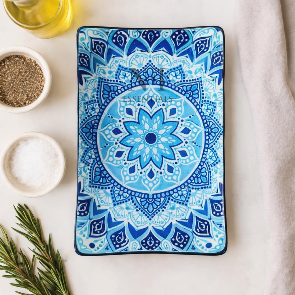 Ceramic Serving Platter with Blue for Snacks, Appetizers, Salads, and Noodles | Safe for the Microwave and Dishwasher (8 inch)