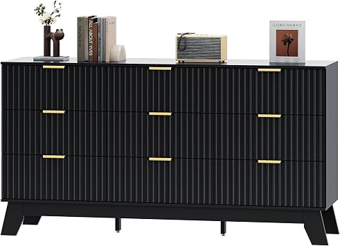 HUANLEGO Fluted Dresser for Bedroom with 9 Drawers, Black