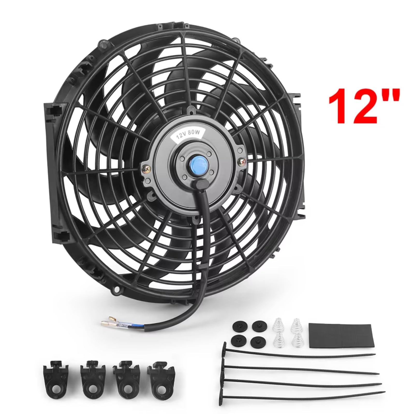 Ventilador Refrigeración Motor Universal 12 Pulgadas 12V 80W 2100RPM Aire Acondicionado Coche Ventilador Refrigeración Radiador Electrónico Aspas Ventilador Motor Eléctrico Con Kit Montaje