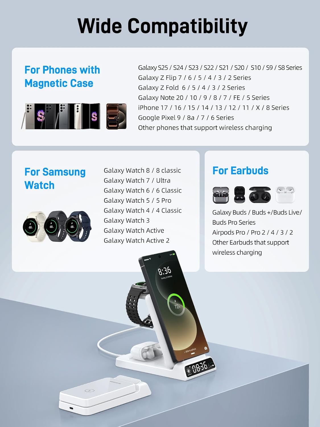 Wireless Charger for Samsung S25 with Clock 3 in1 Foldable Charging Station image 3