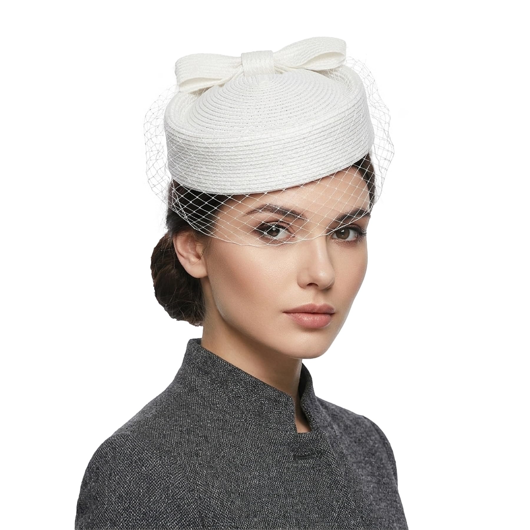 Straw Fascinator Vintage Hat Bow Veil Pillbox for Wedding Tea Party 20s 50s Headwear
