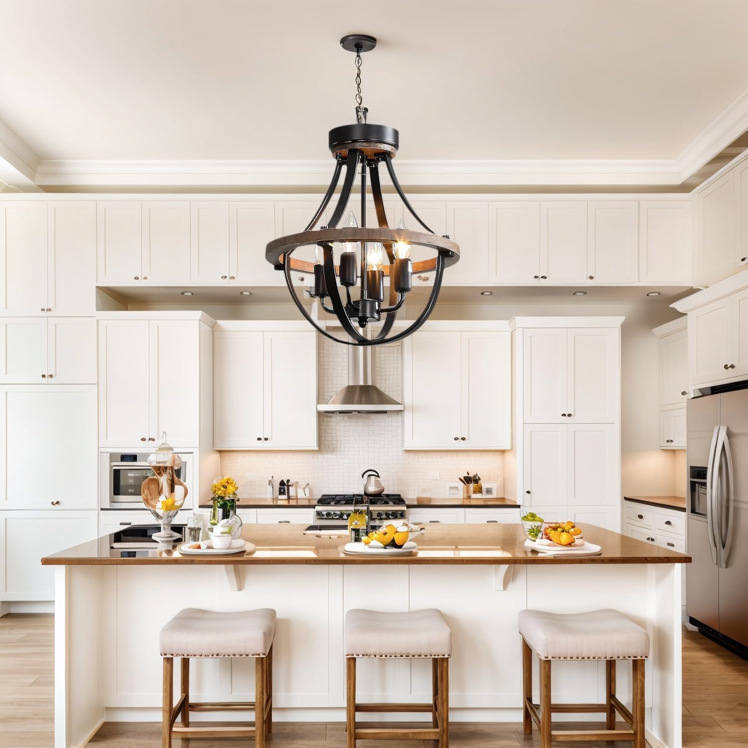 Plug in Wood Chandelier, 4-Light Rustic Dining Room Light Fixture, Farmhouse Chandelier Adjustable Height,Pendant Lighting for Kitchen Island Foyer Living Room Hallway