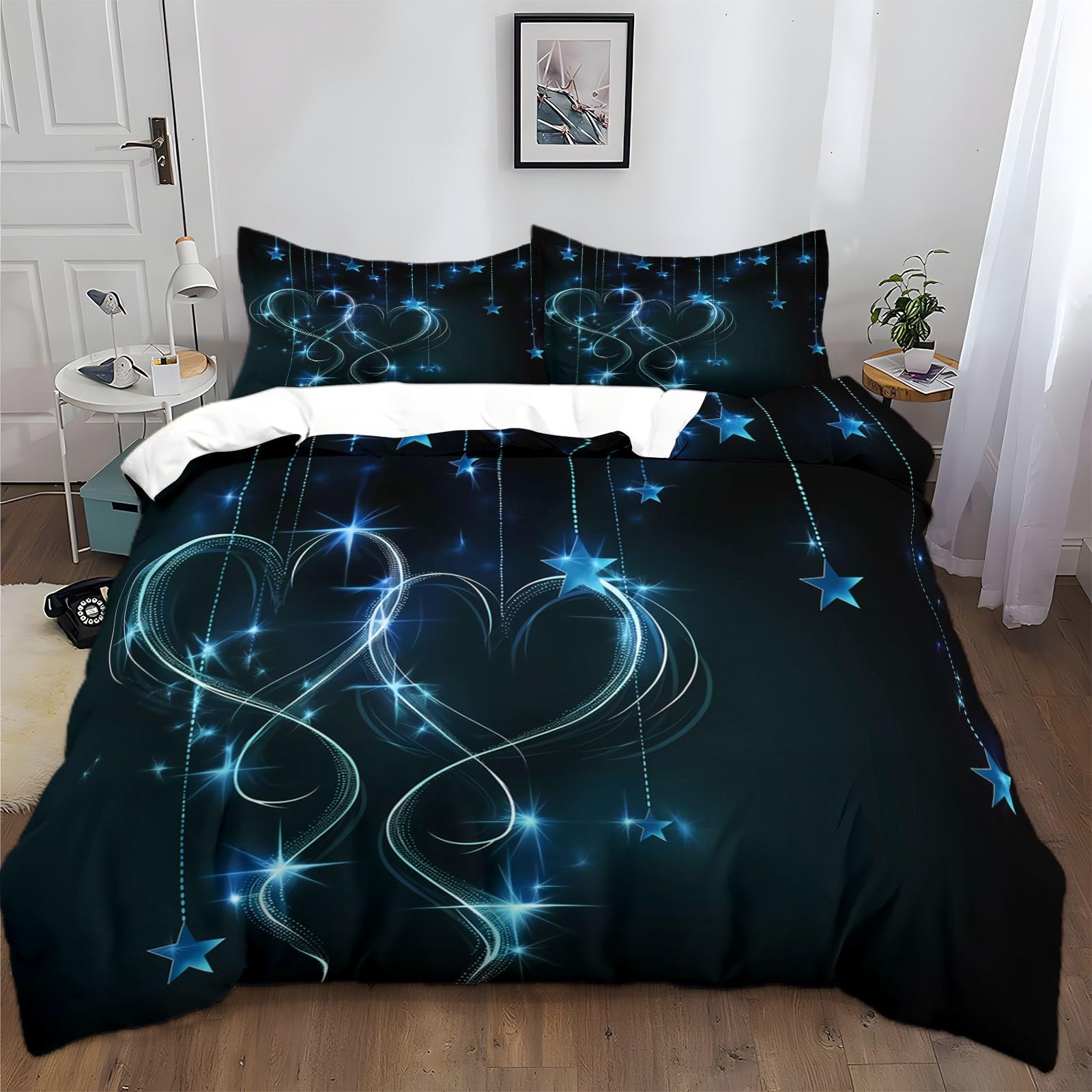 Housse de couette 220x240 cm avec motif coeur étoiles bleues pour lit d'enfant