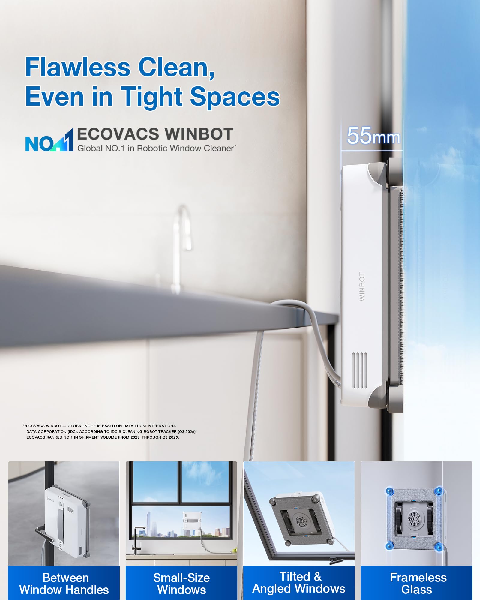 ECOVACS WINBOT MINI2 Robot de Limpieza de Ventanas, Robot Limpiador de Ventanas con 6 Modos de Limpieza Inteligentes, navegación Win-Slam 4.0, Limpiador automático de Cristales para Ventanas, Espejos