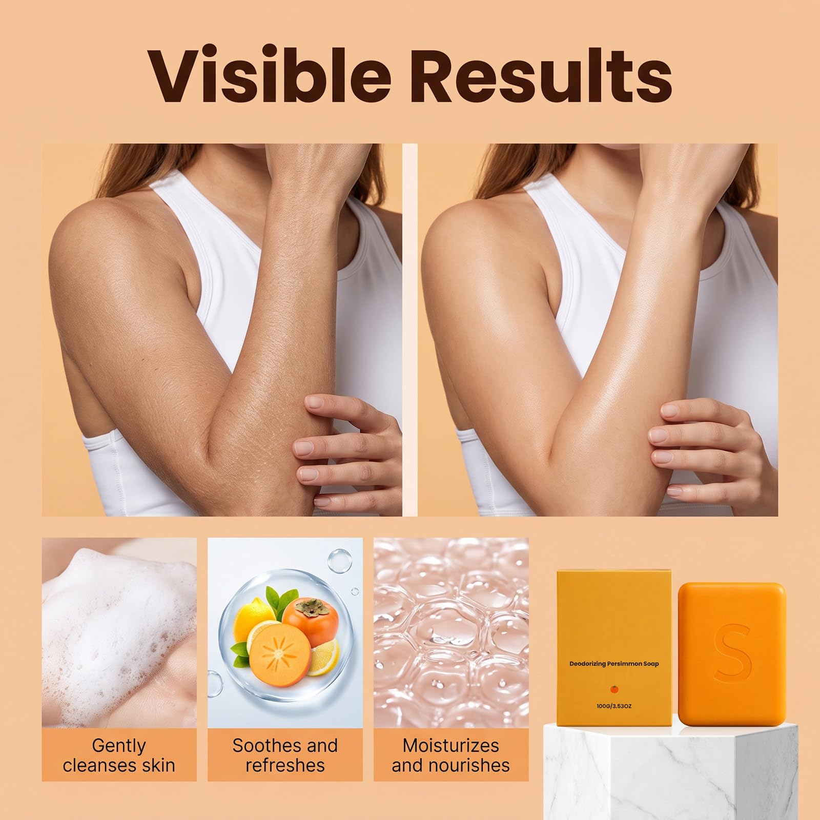 Saponetta al cachi per remove odori e sudore, sapone da bagno deodorante con estratto di cachi e limone, detergente corpo idratante a pulizia profonda, deodorante e antiodore (6pcs)