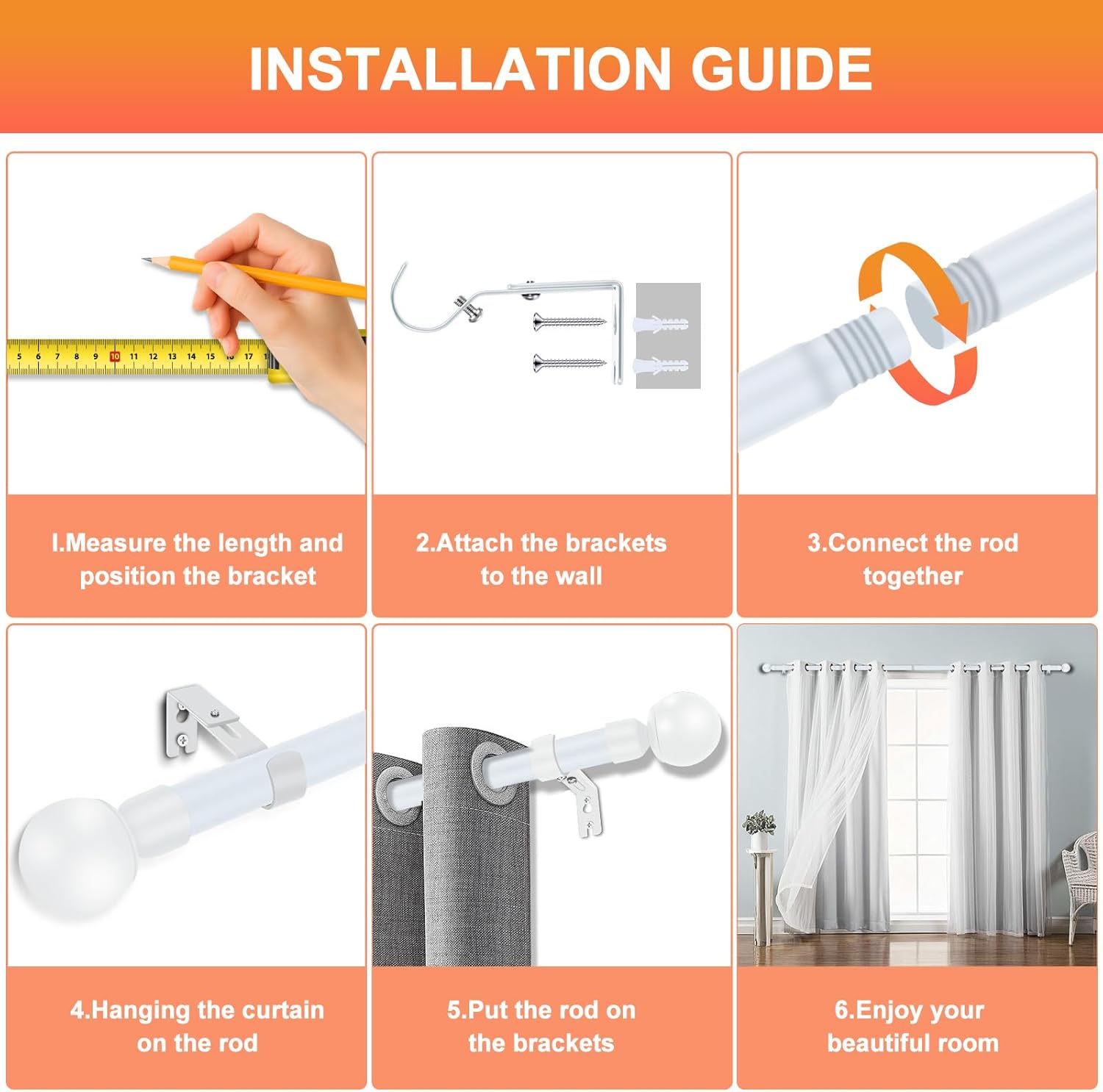 Heavy Duty Curtain Rods for Windows, 1 Inch Adjustable Curtain Rod Set with Brackets, Metal Drapery Rod for Bedroom, Kitchen, Living Room 25LMG5WH