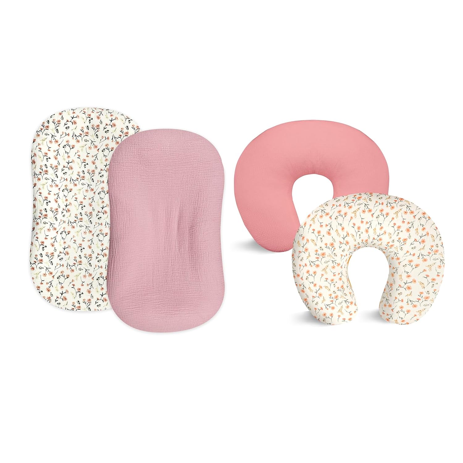 Hooyax Muslin Baby Lounger Cover 2 Pack and Muslin Nursing Pillow Cover 2 Pack, Soft and Breathable Infant Lounger Cover for Newborn, Adorable Infant Feeding Pillow Cover for Baby(Pink Floral)