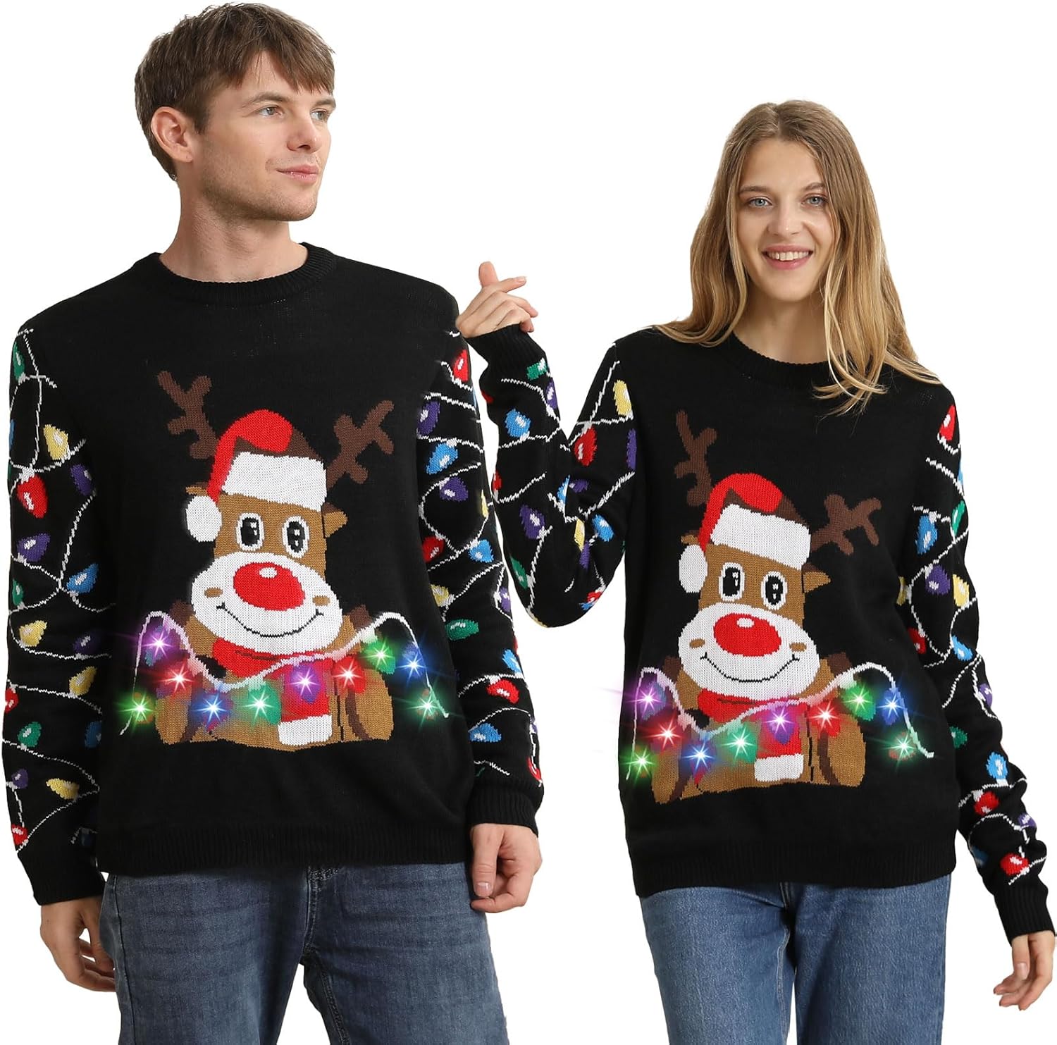 Ugly Christmas Sweater Women Men 2025,Light Up Christmas Sweater for Couples,Funny Reindeer Xmas Tacky Pullover Cute