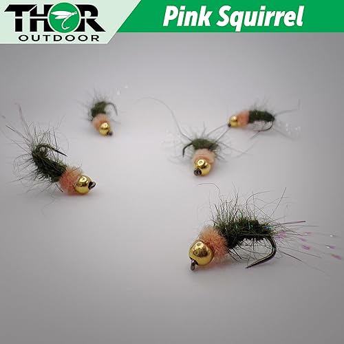 Miniatura 4 de Thor Outdoor Mosca de ardilla rosa, variante negra y oliva, moscas de pesca húmedas BH para trucha Steelhead, salmón, pez panfish, Bluegill
