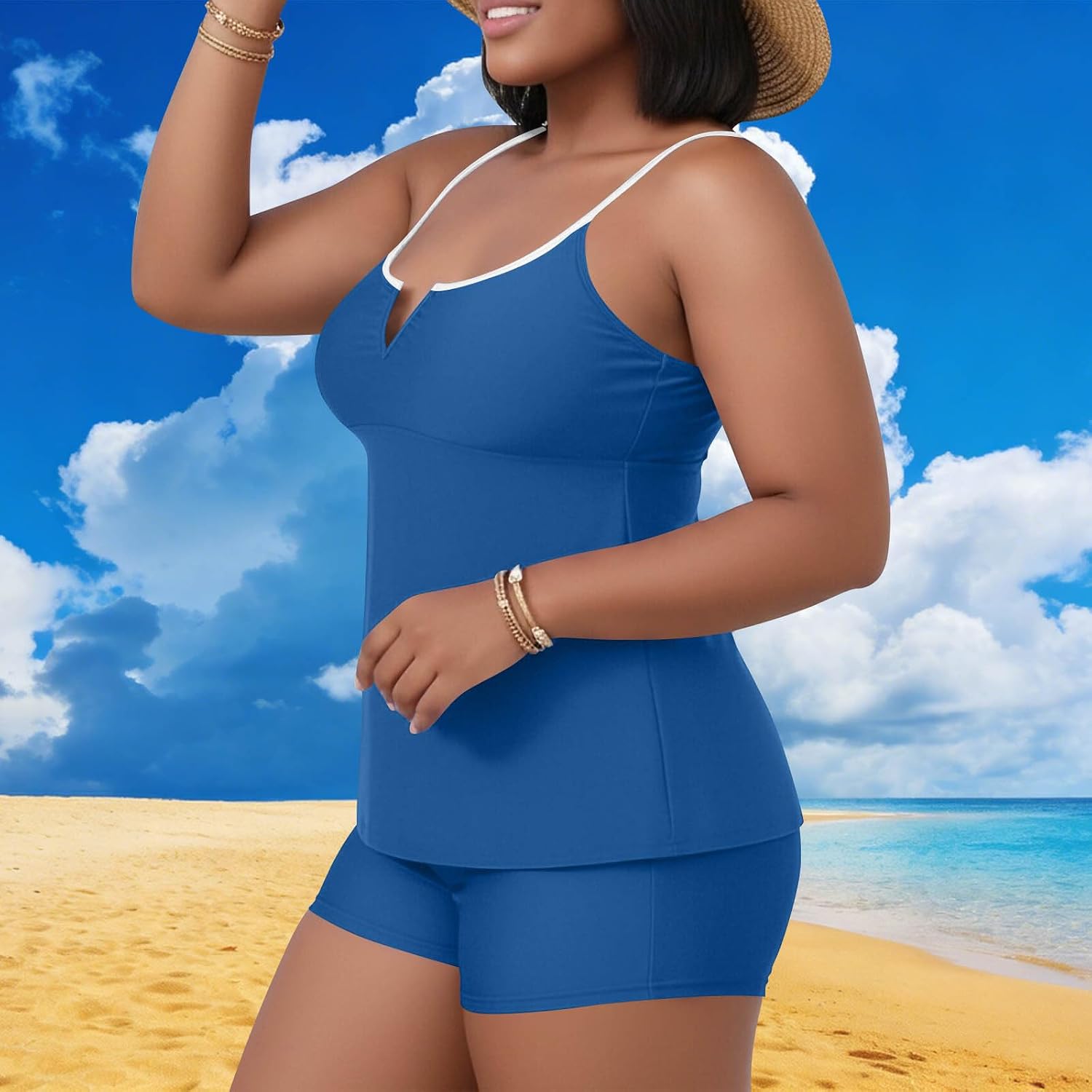 Plus Size Swimsuits Women 2 Piece Tummy Control Bathing Suit V Neck Cami Top Shorts with Pockets Athletic Swimwear