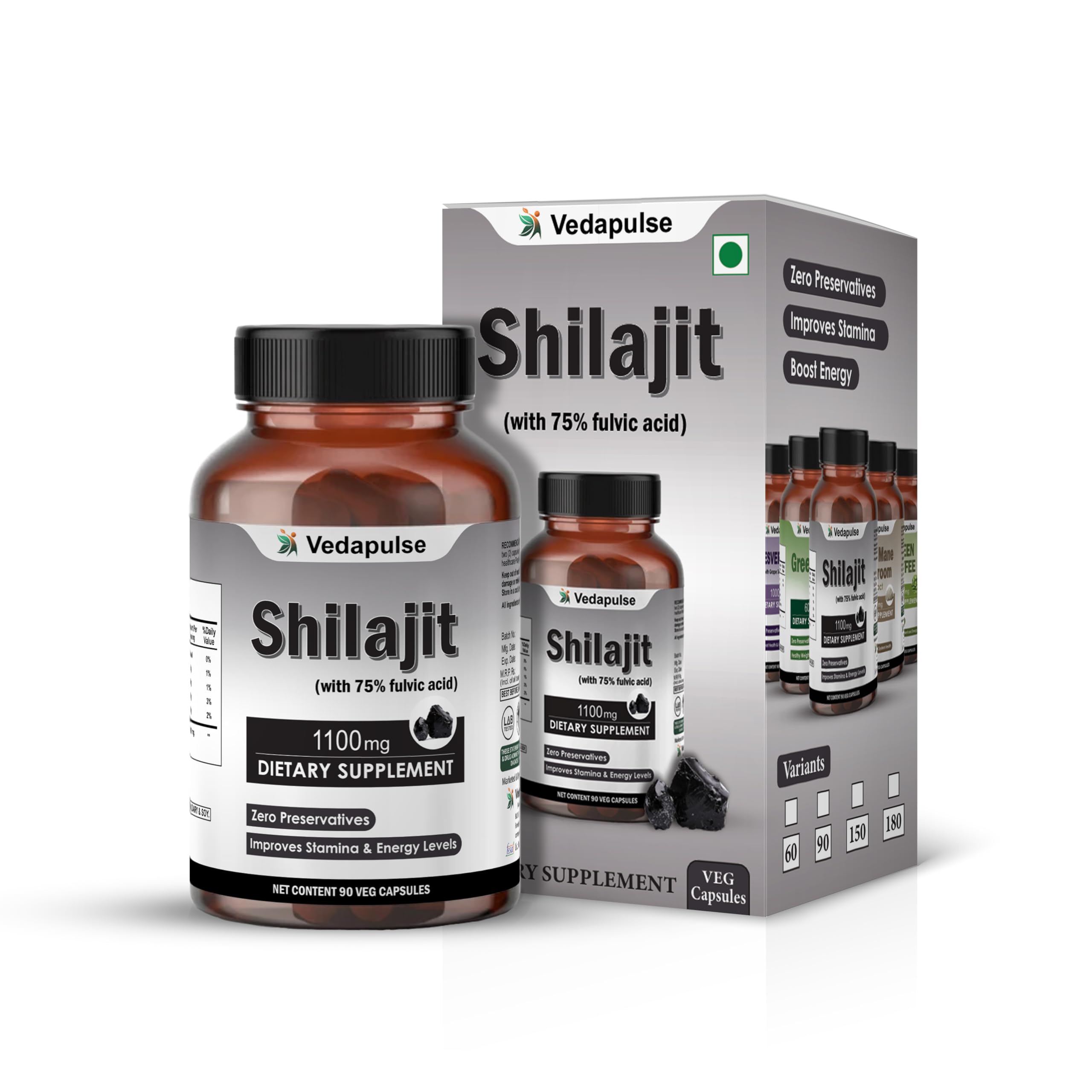 Vedapulse Shilajit Capsules 1100mg – 90 Veg Capsules | 75% Fulvic Acid | Supports Energy & Stamina | Dietary Supplement