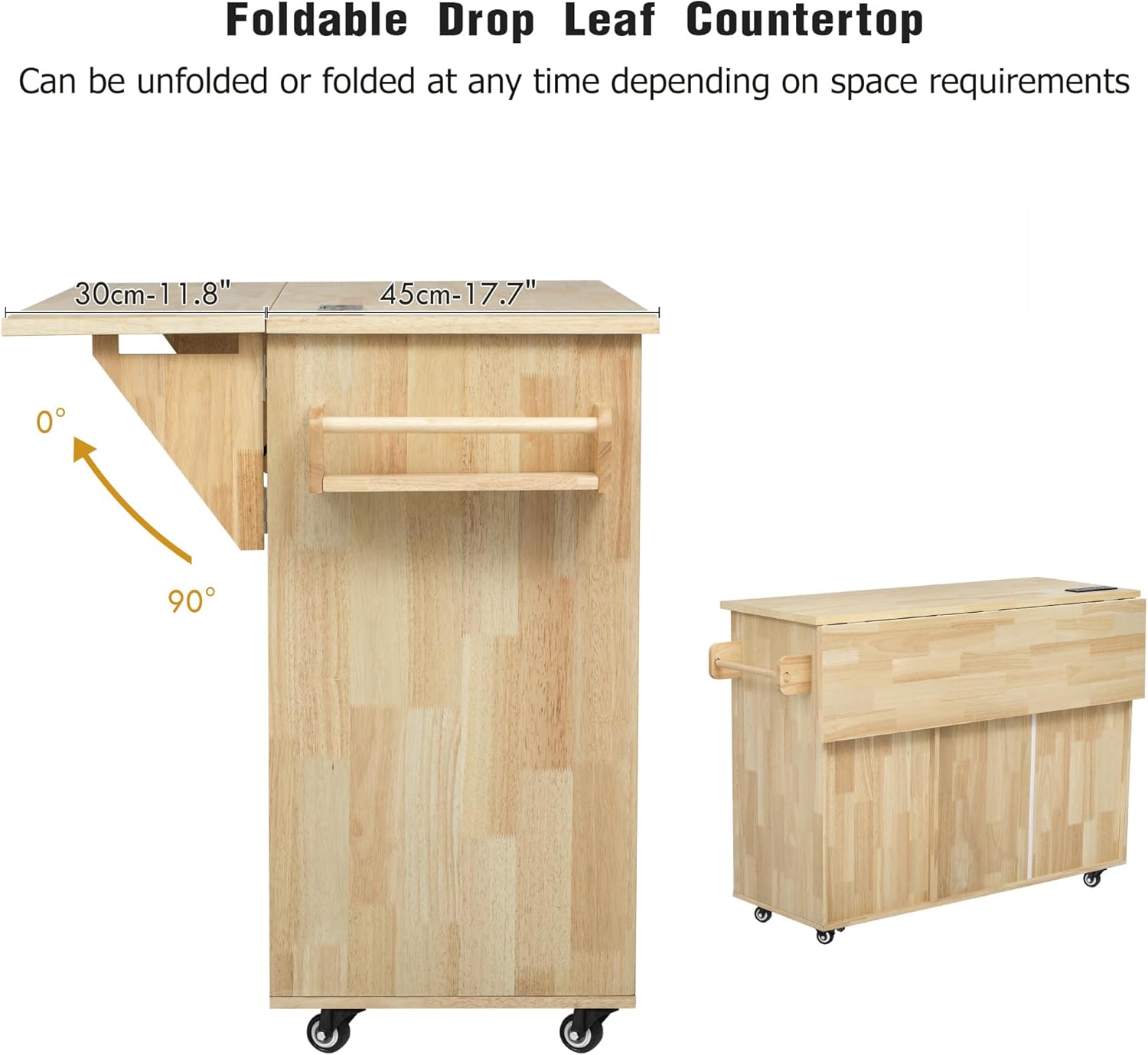 Kitchen Island with Drop Leaf Countertop, Rolling Kitchen Island Cart, Barn Door Kitchen Island Table with Storage Cabinet and Tower Rack, Island Table On Wheels for Kitchen (Natural)