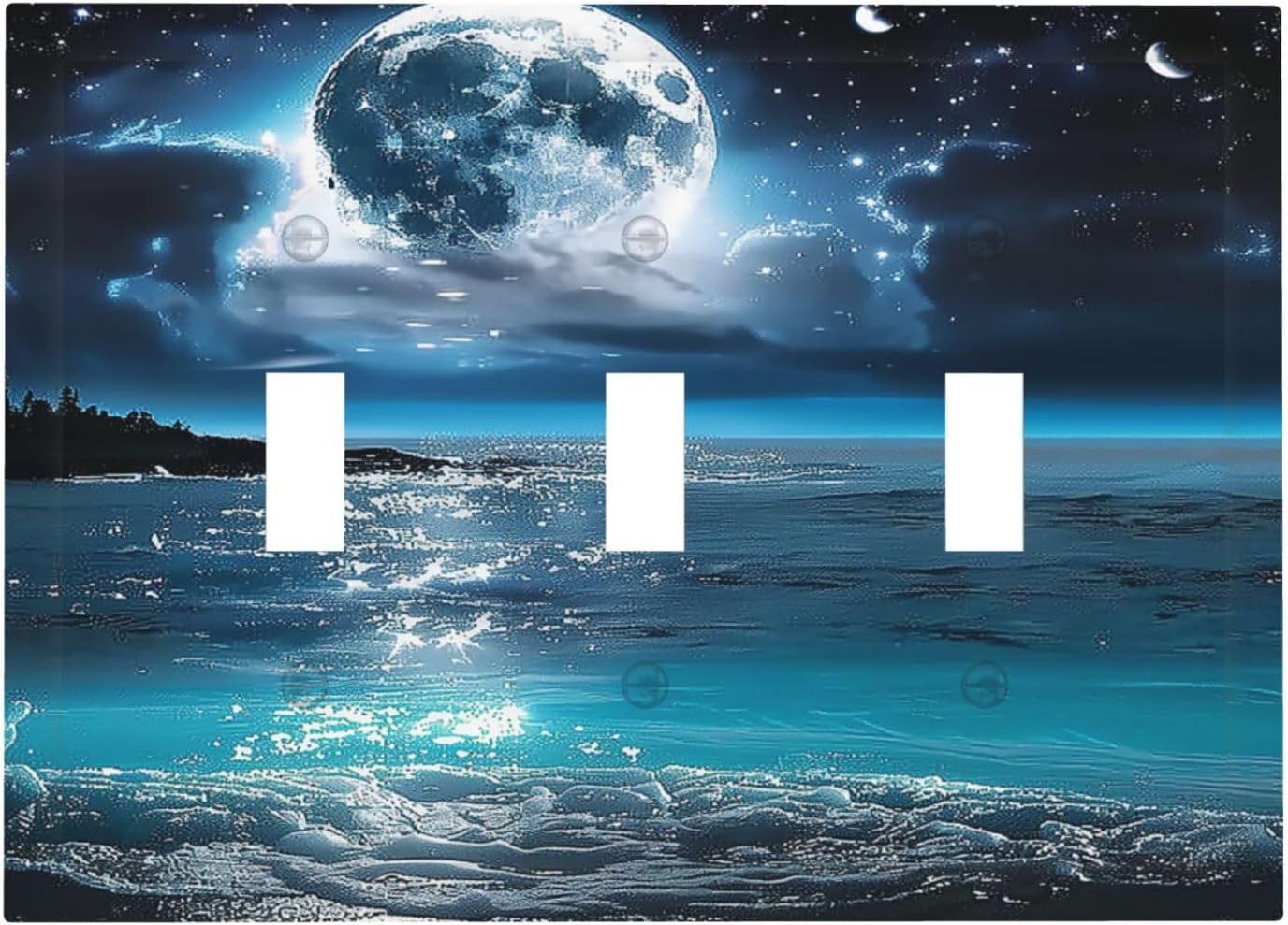 Sea Moon Starry Night Sky Glitter Cloud Ocean Landscape Scenic Navy Blue 3 Gang Light Switch Cover Decorative Triple Toggle Wall Plate Electric Dimmer Switch Plate Receptacle Cover