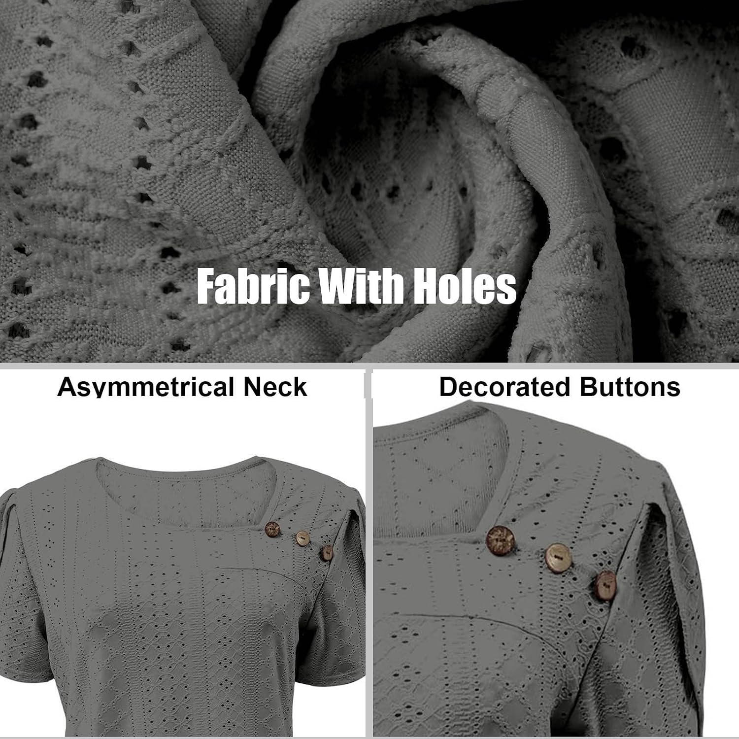 Summer Tops for Women Dressy Casual Petal Short Sleeve Solid Lightweight Button Vacation Eyelet Blouses